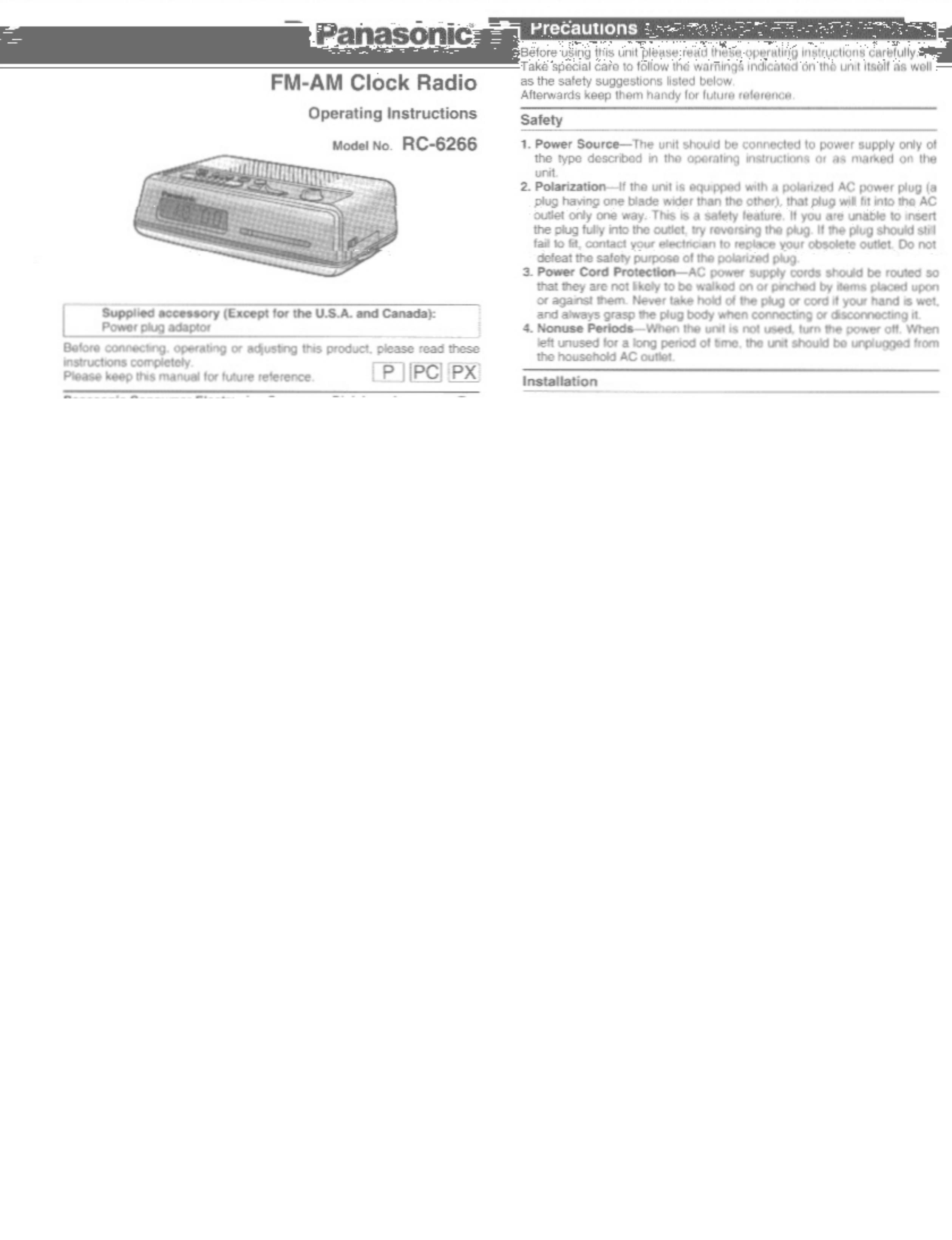Panasonic RC-6266 Clock Radio User Manual