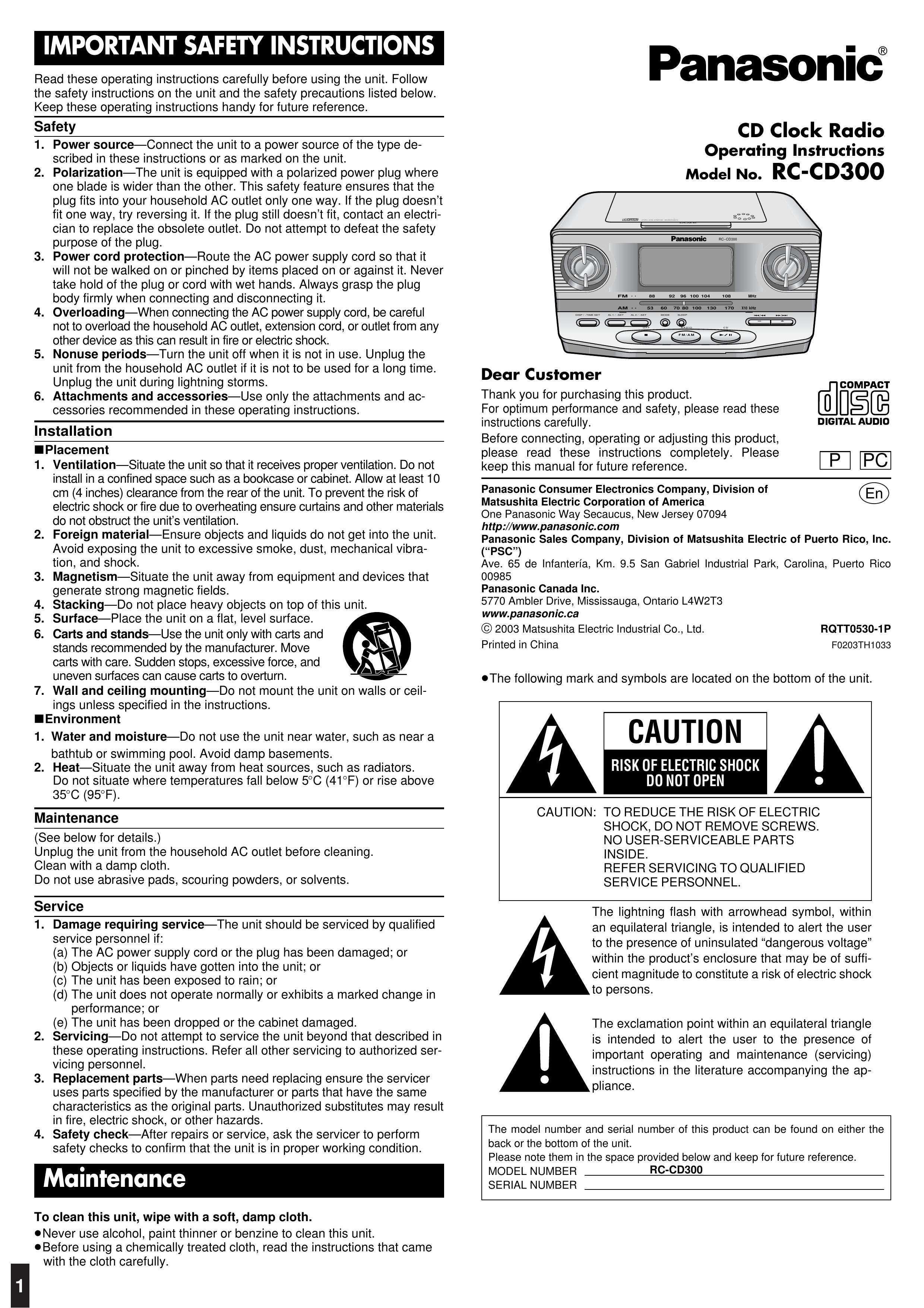 Panasonic RC-CD300 Clock Radio User Manual