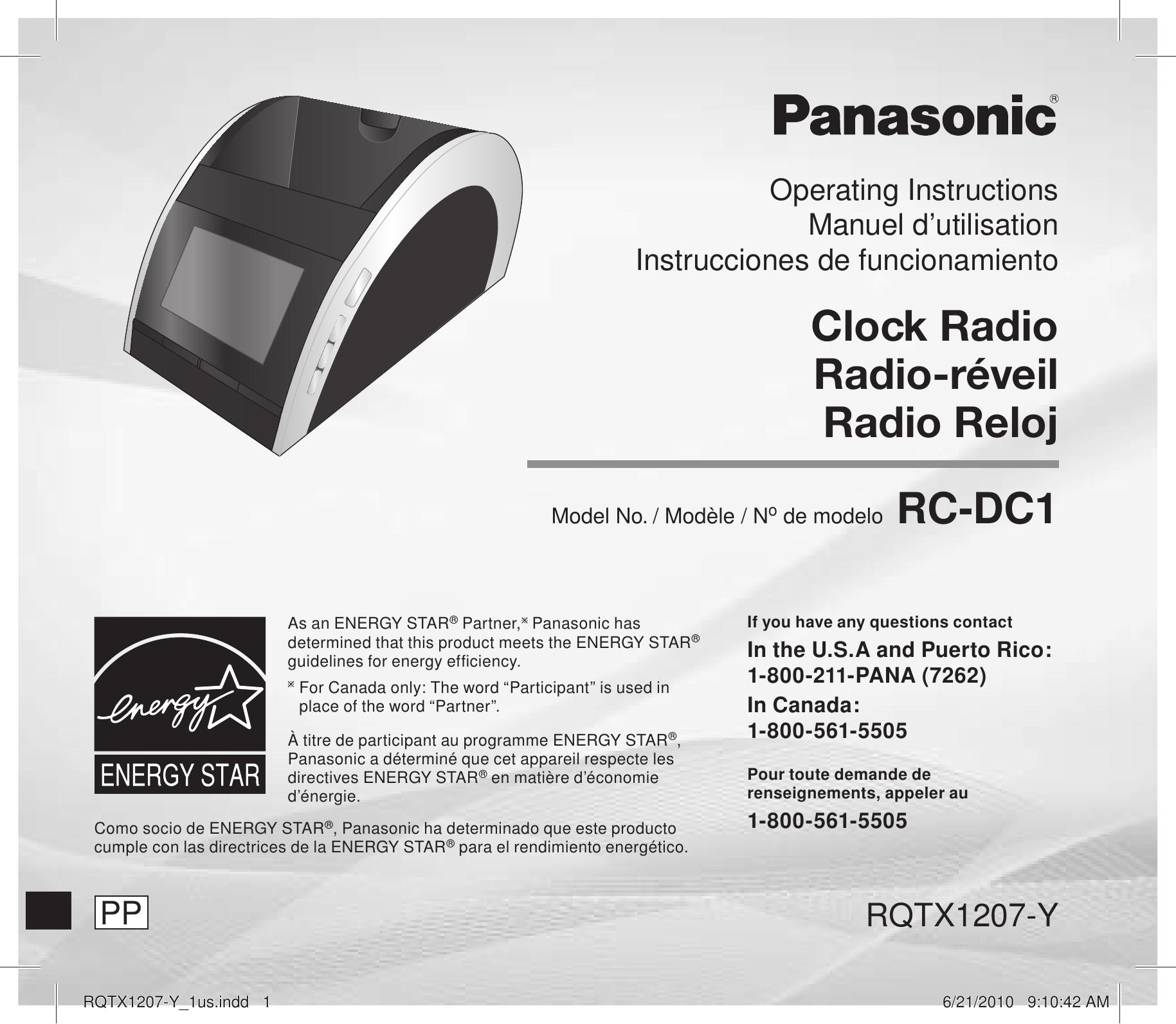 Panasonic RC-DC1 Clock Radio User Manual