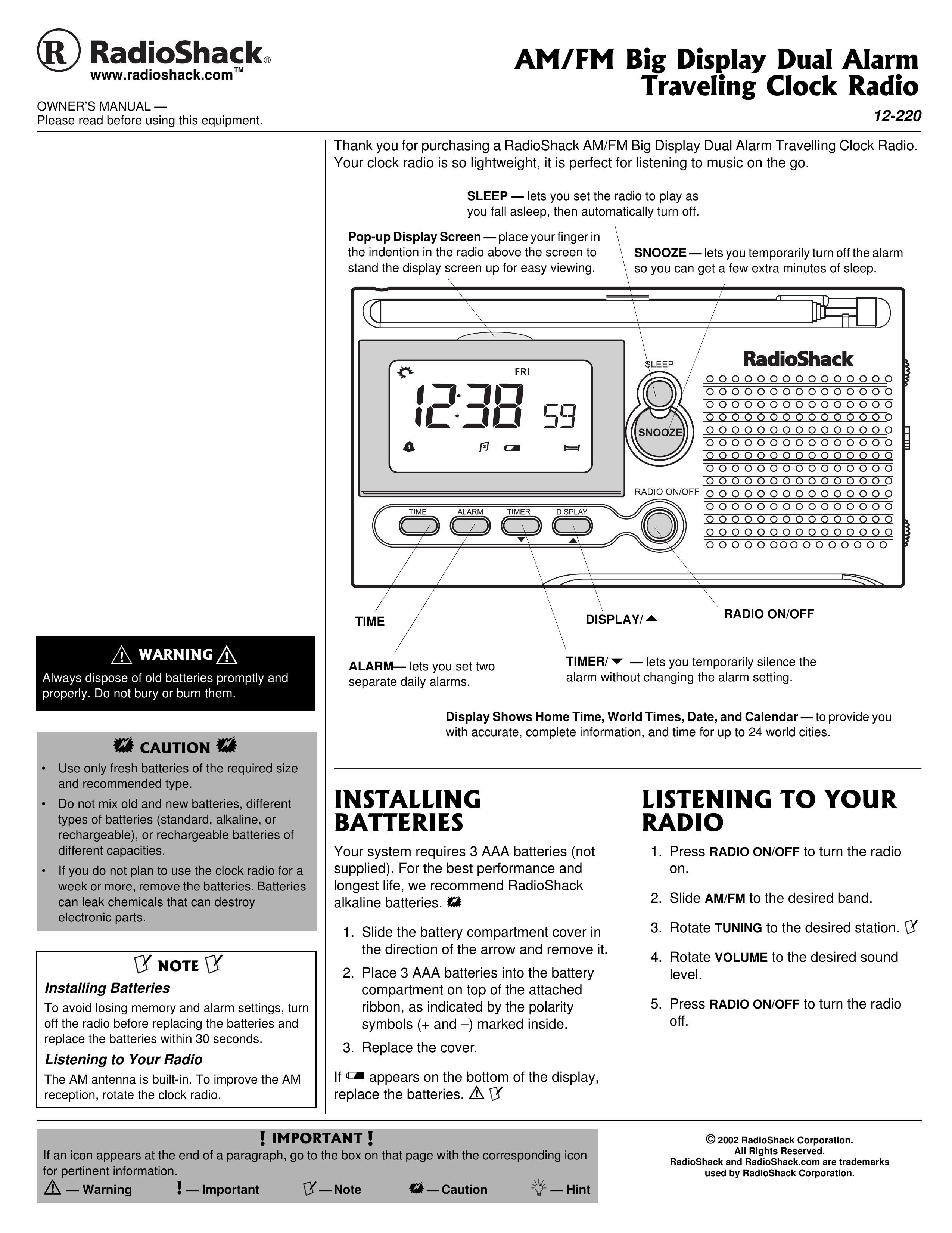 Radio Shack 12-220 Clock Radio User Manual