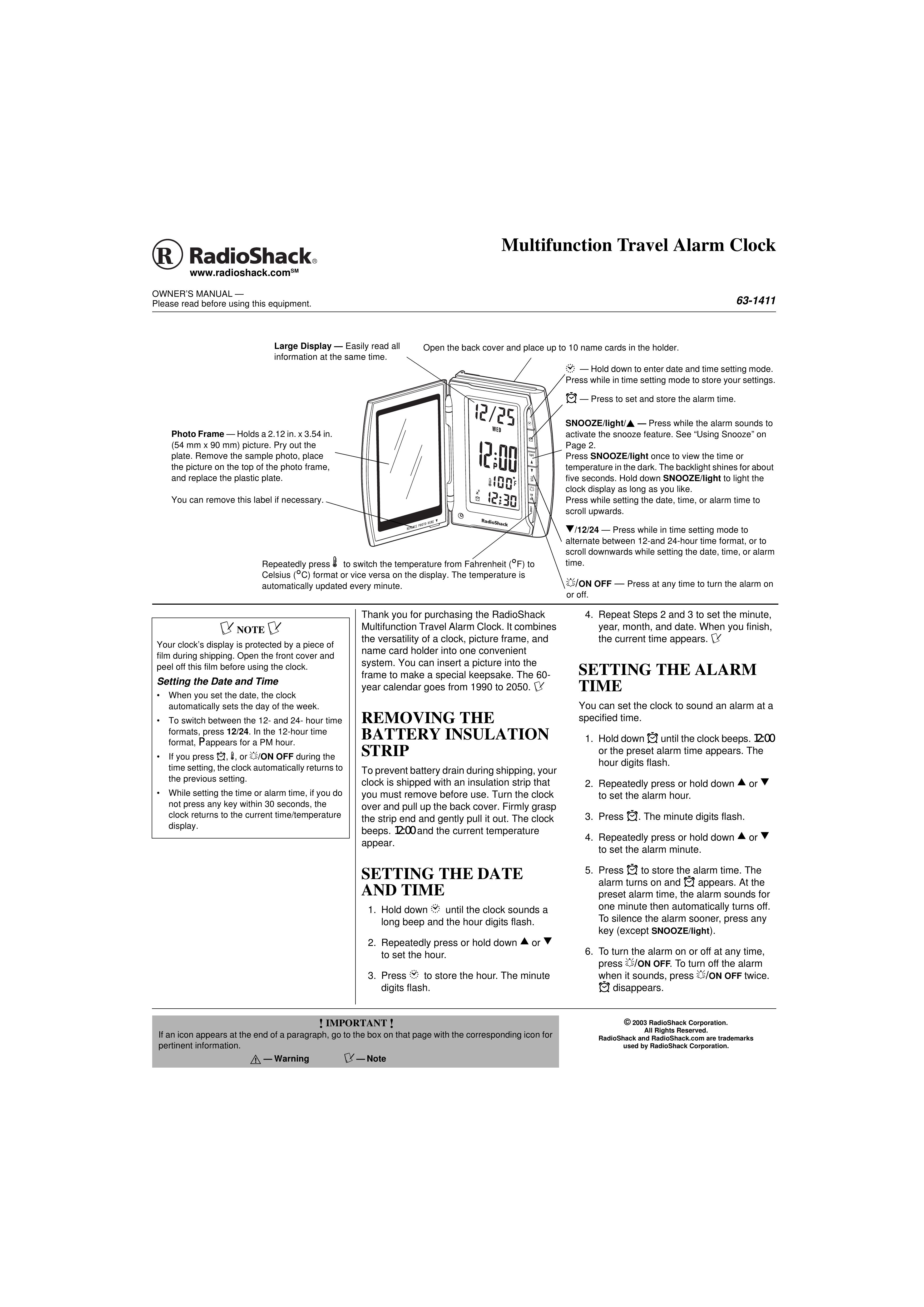 Radio Shack 63-1411 Clock Radio User Manual