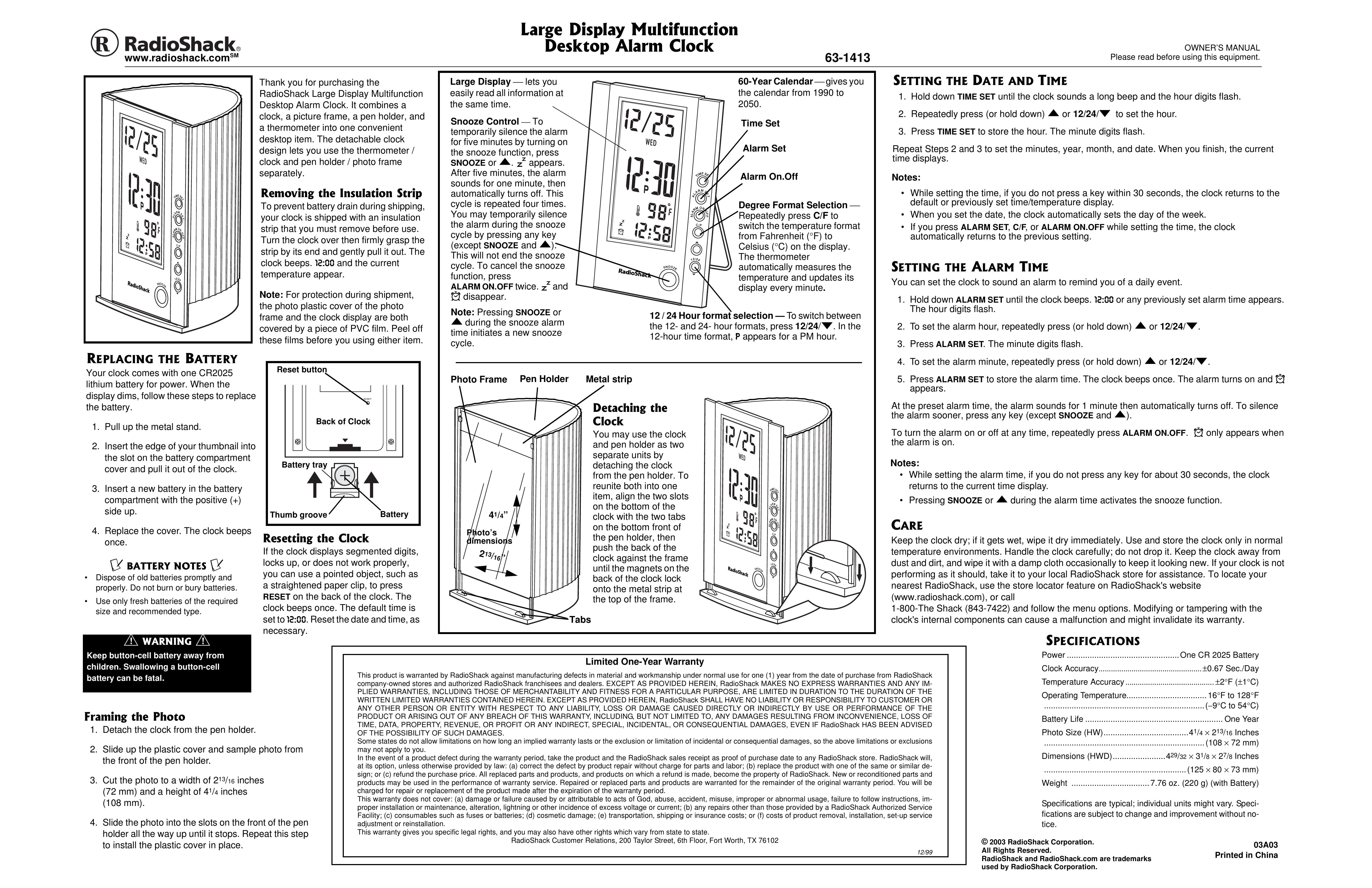 Radio Shack 63-1413 Clock Radio User Manual