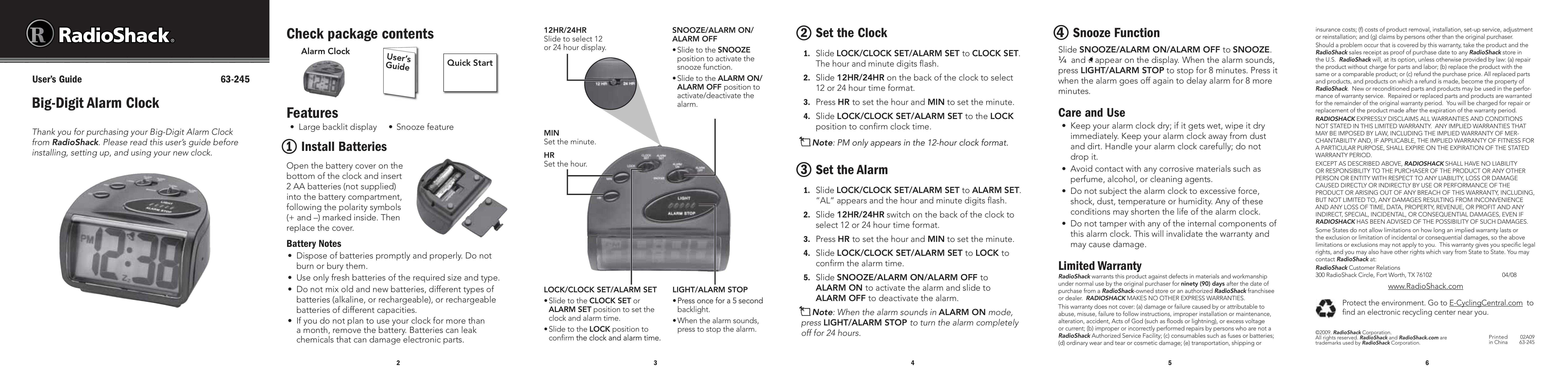 Radio Shack 63-245 Clock Radio User Manual