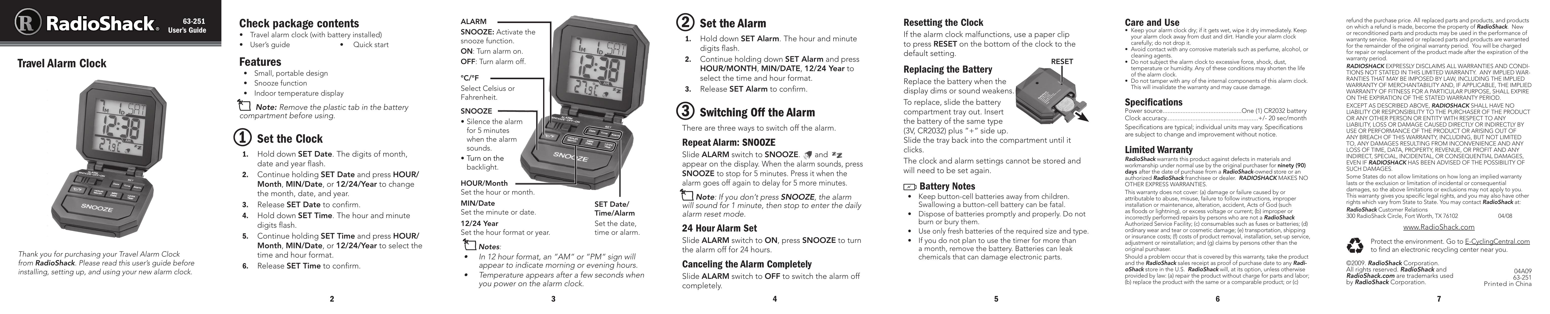 Radio Shack 63-251 Clock Radio User Manual