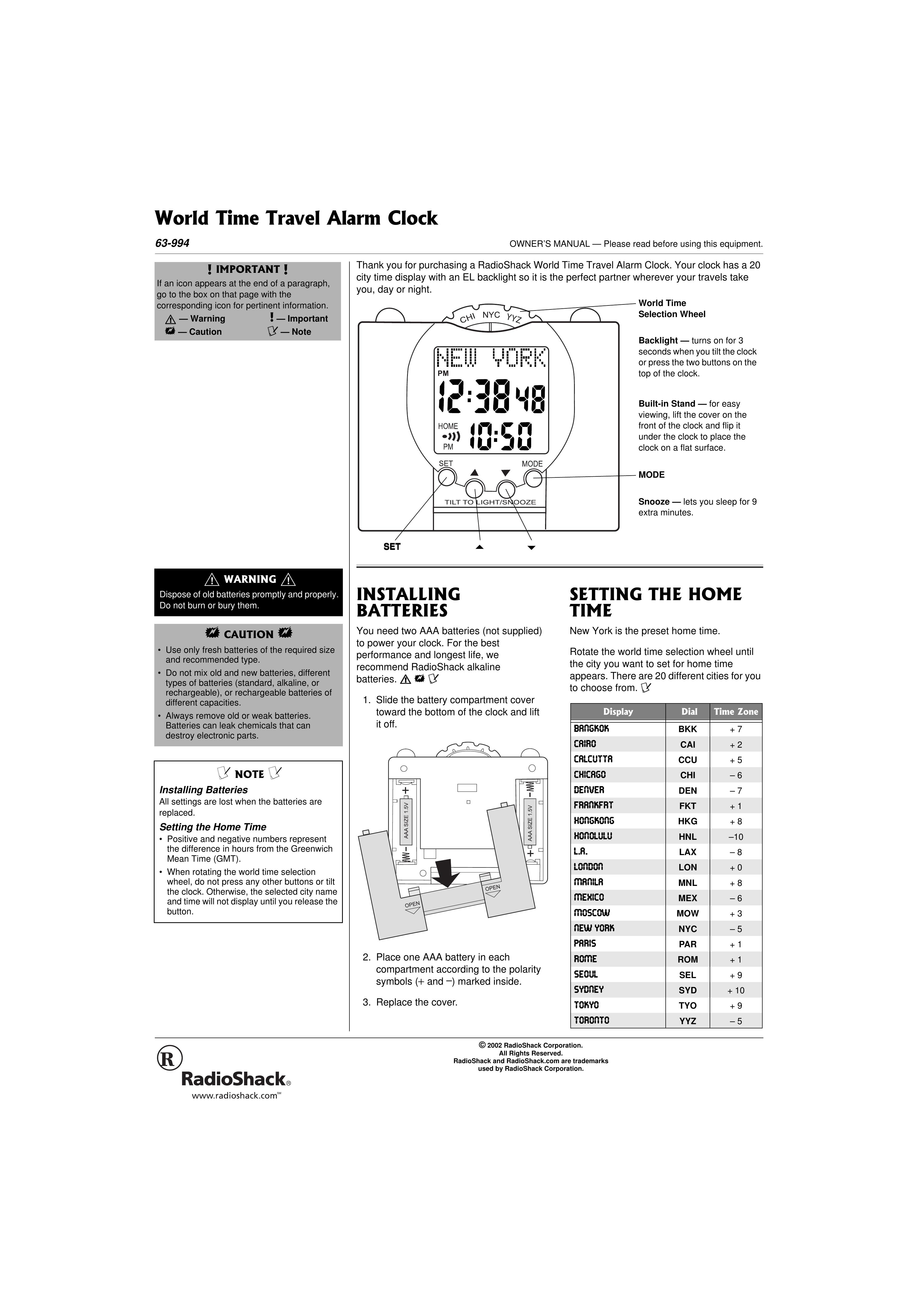 Radio Shack 63-994 Clock Radio User Manual