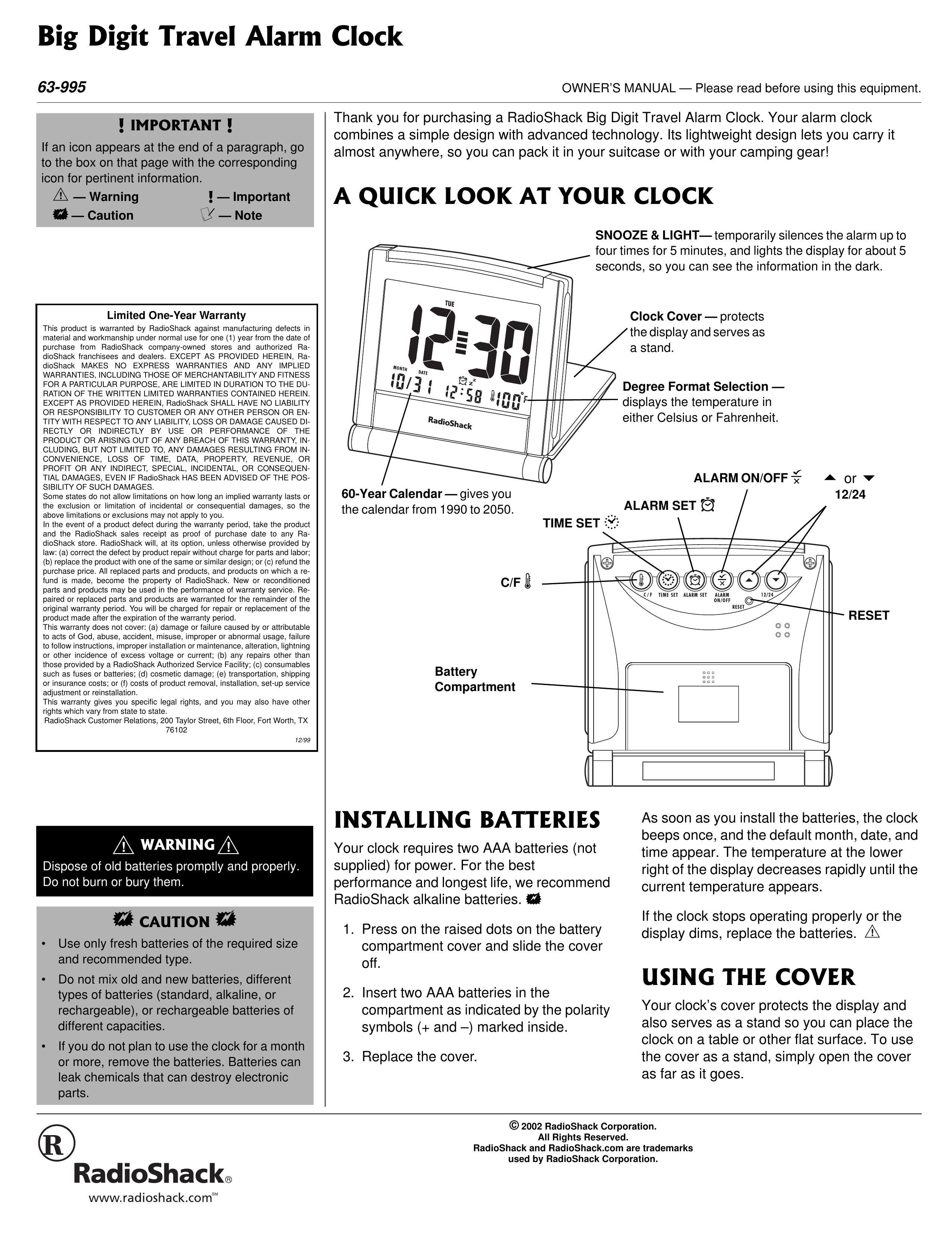 Radio Shack 63-995 Clock Radio User Manual