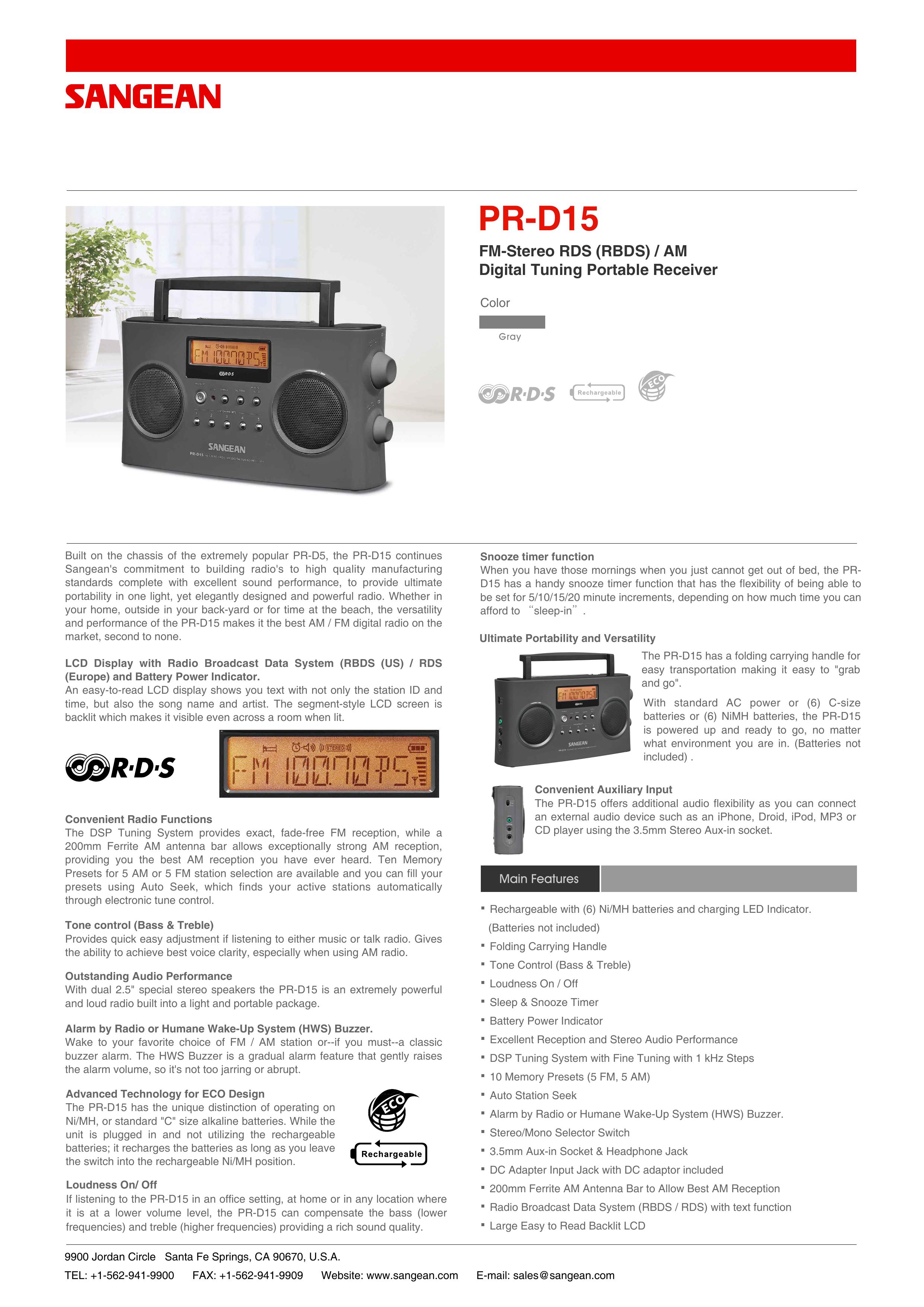 Sangean Electronics PRD15 Clock Radio User Manual