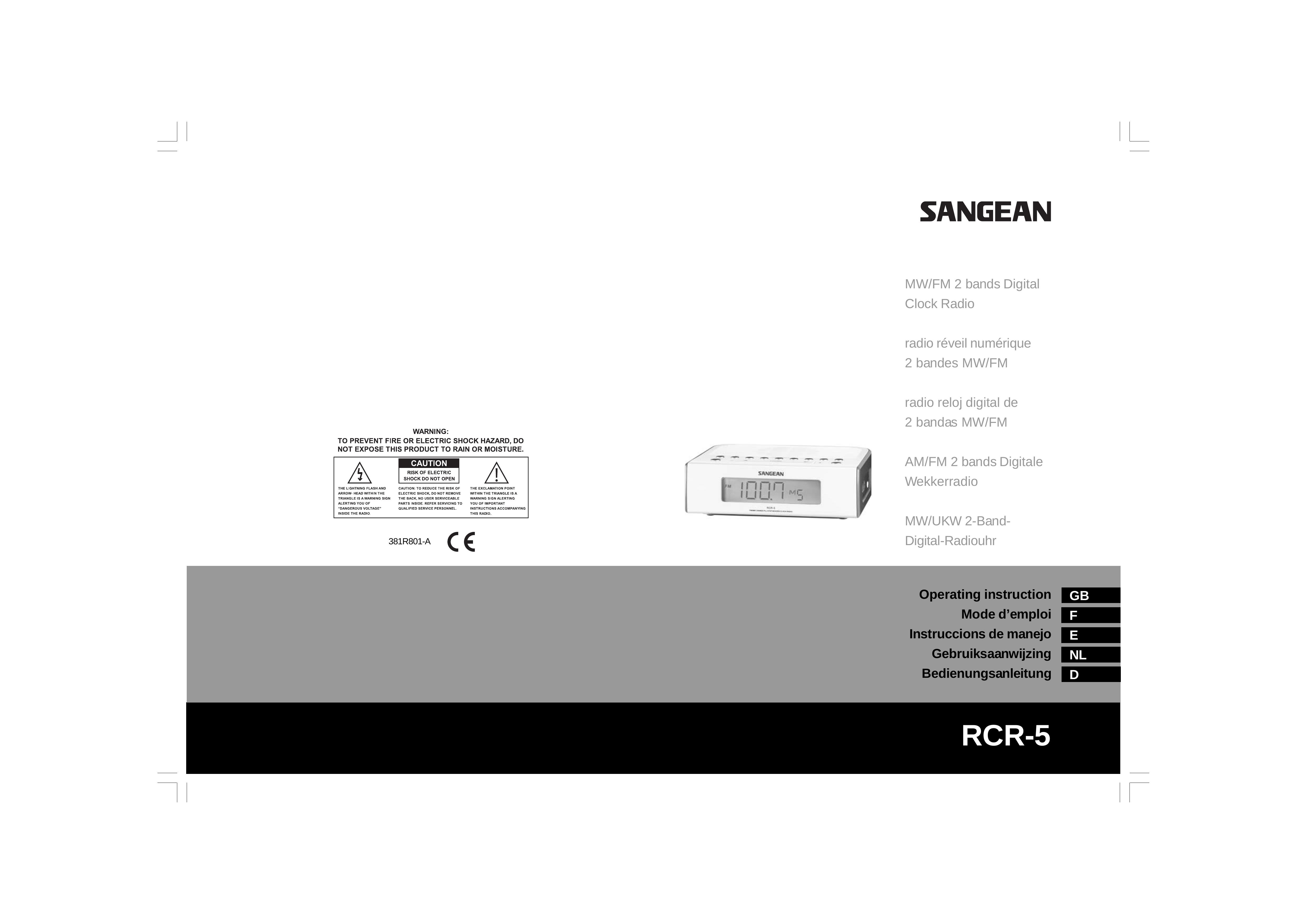 Sangean Electronics RCR-5 Clock Radio User Manual