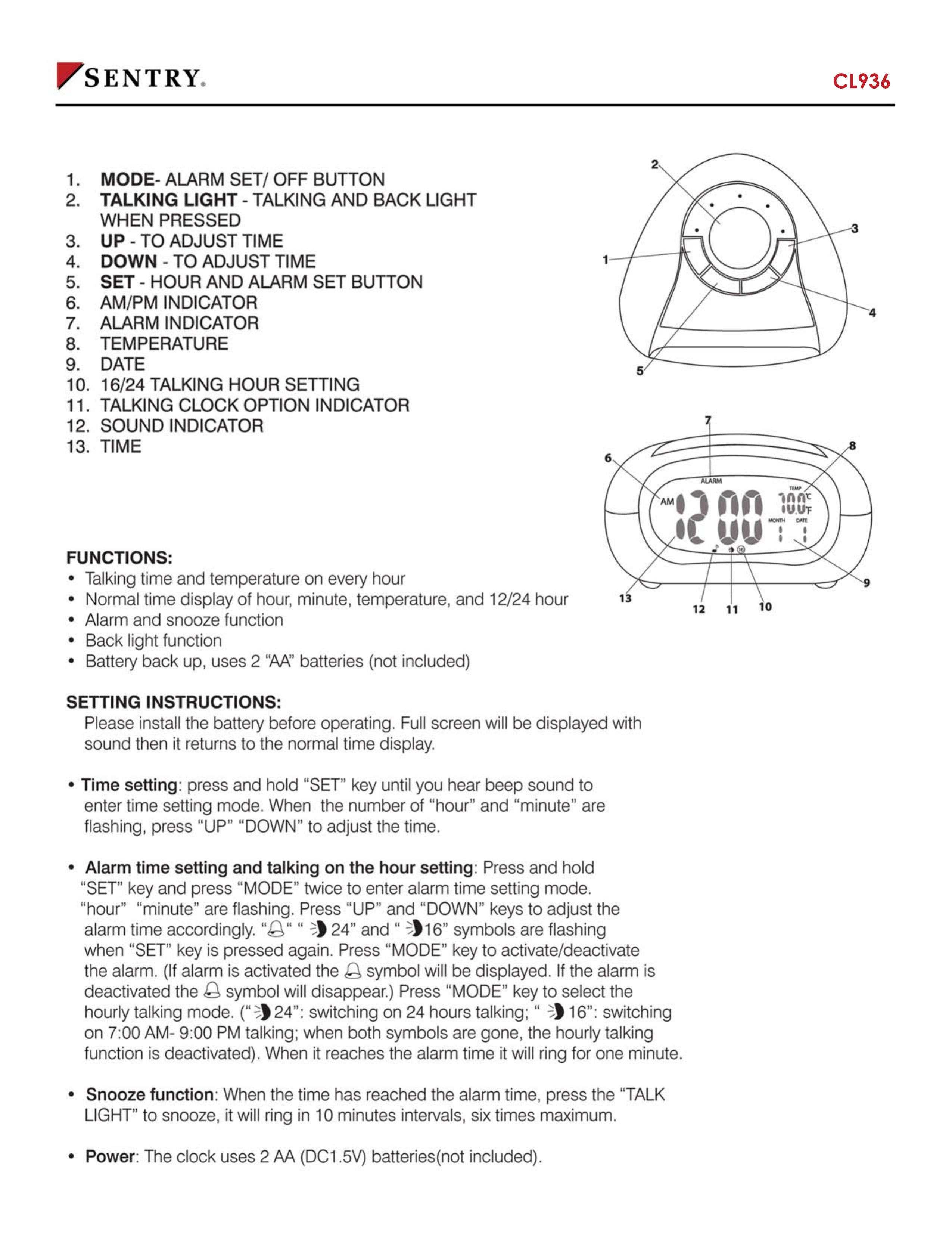 Sentry Industries CL936 Clock Radio User Manual