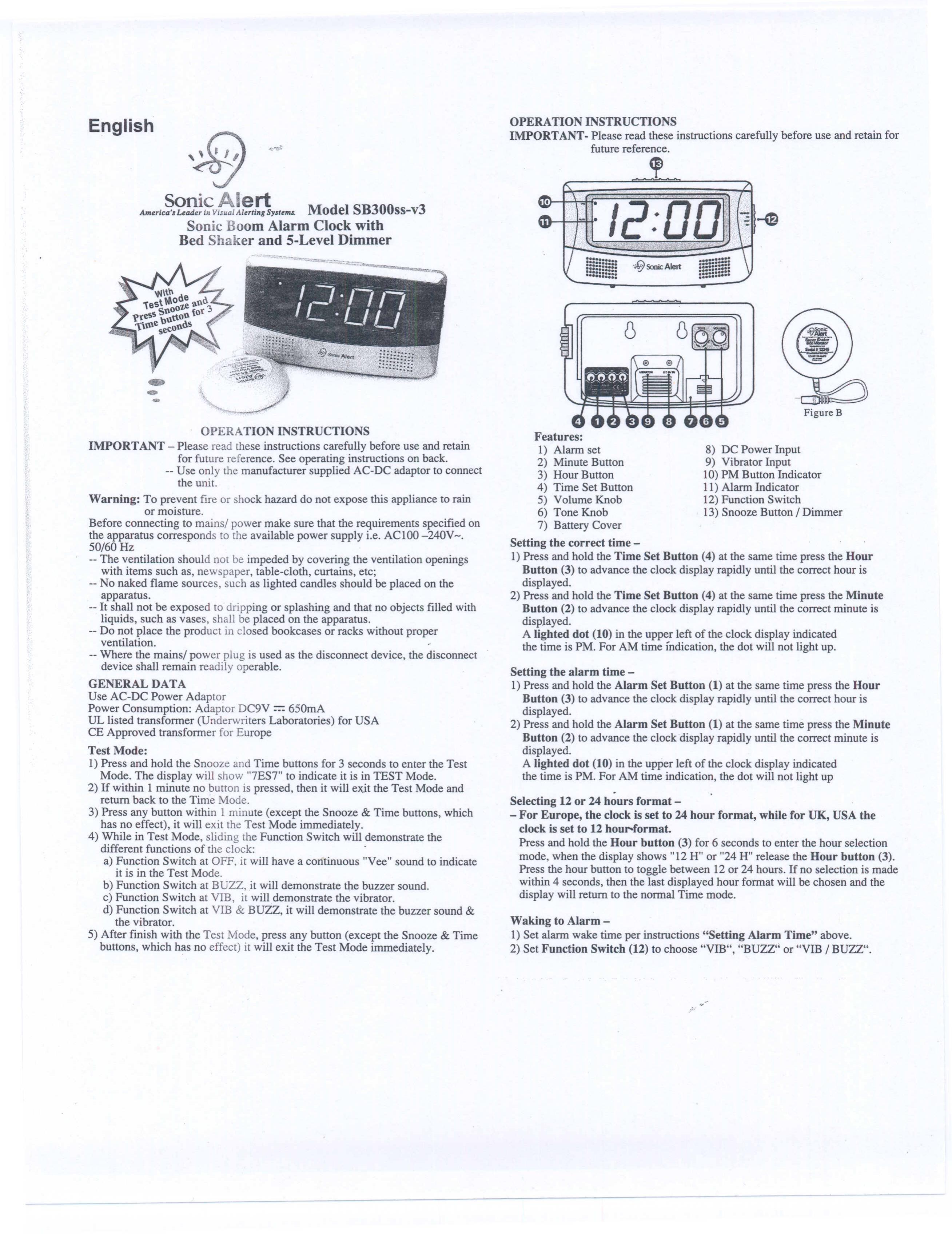 Sonic Alert SB300ss-v3 Clock Radio User Manual