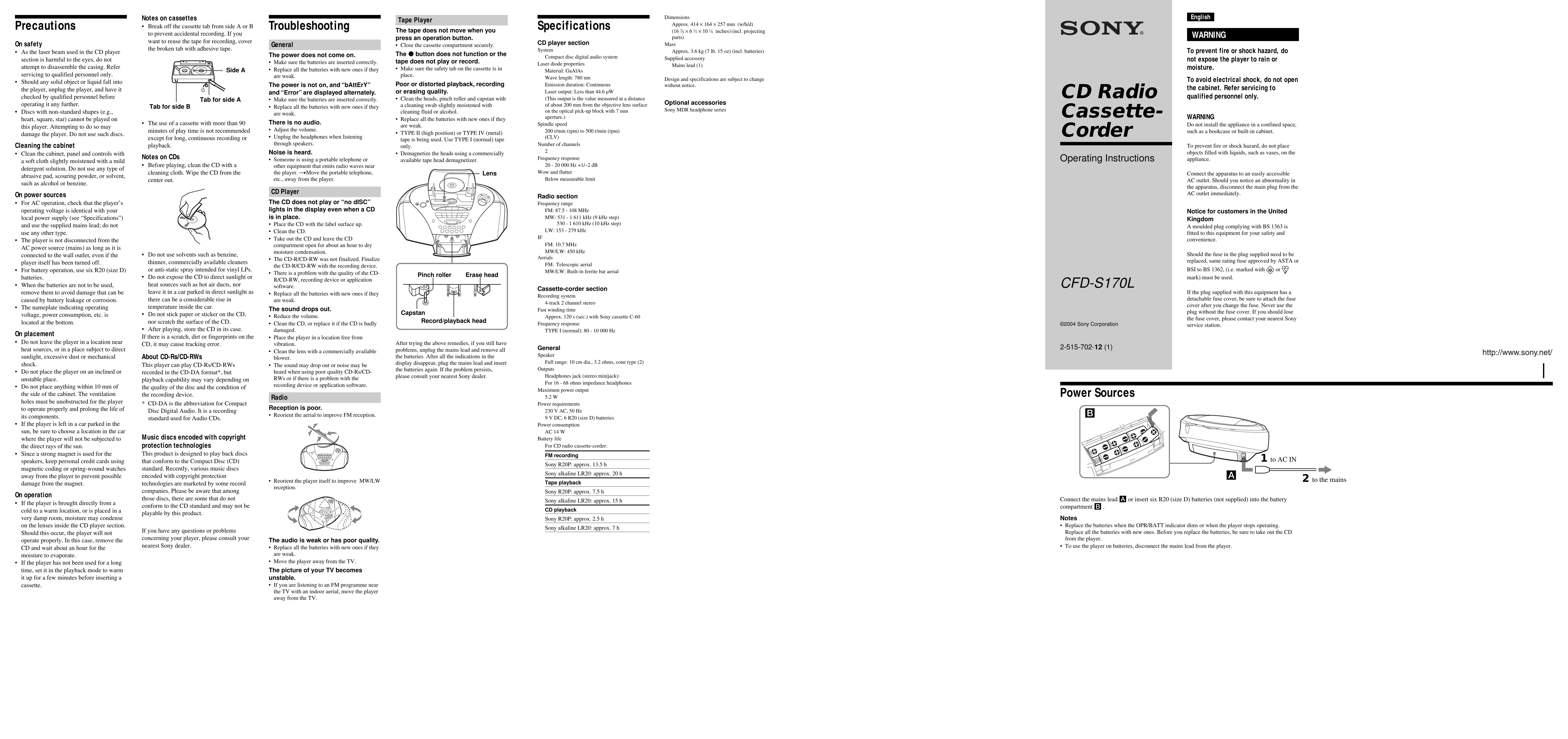 Sony CFD-S170L Clock Radio User Manual