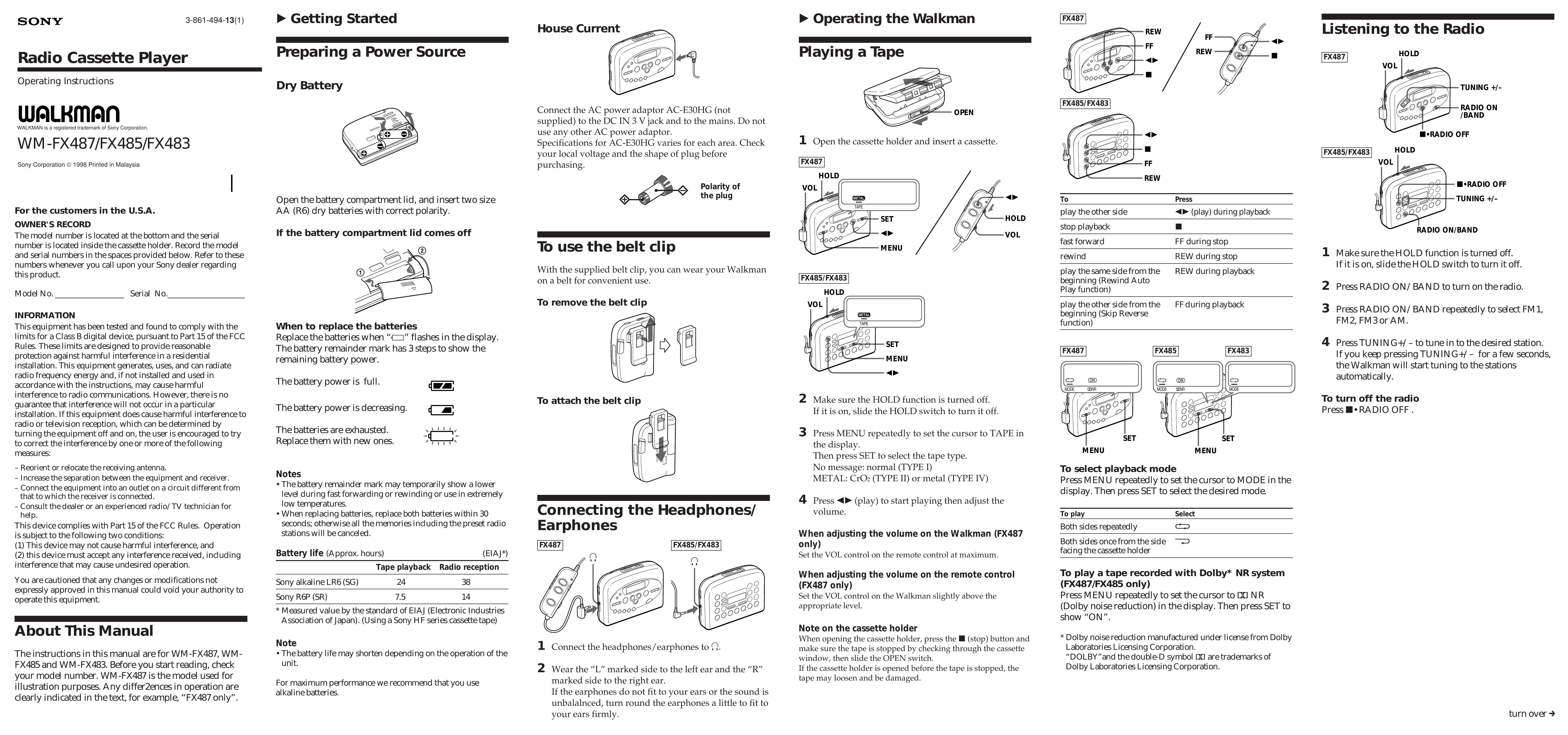 Sony FX485 Clock Radio User Manual