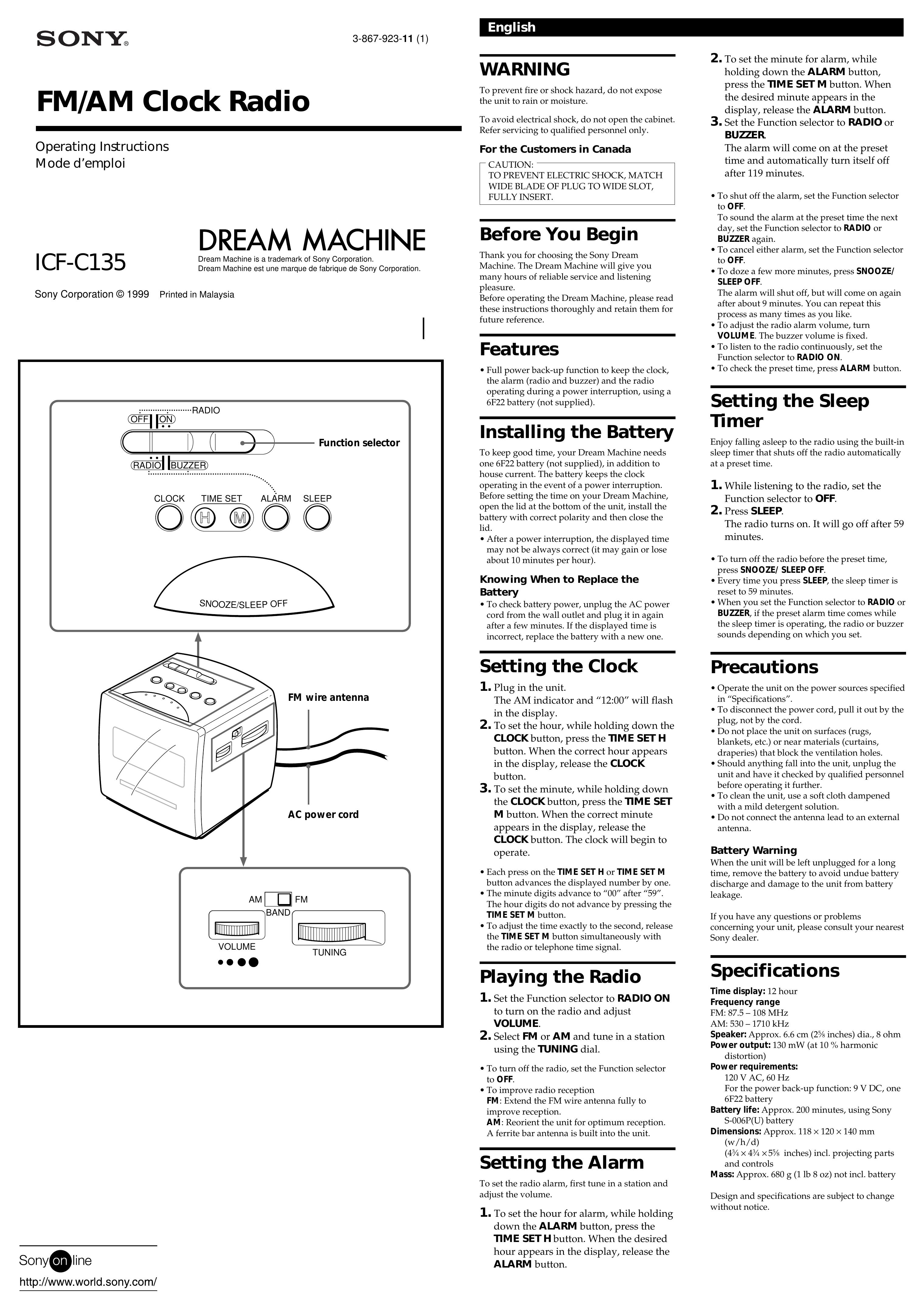 Sony ICF -C135 Clock Radio User Manual