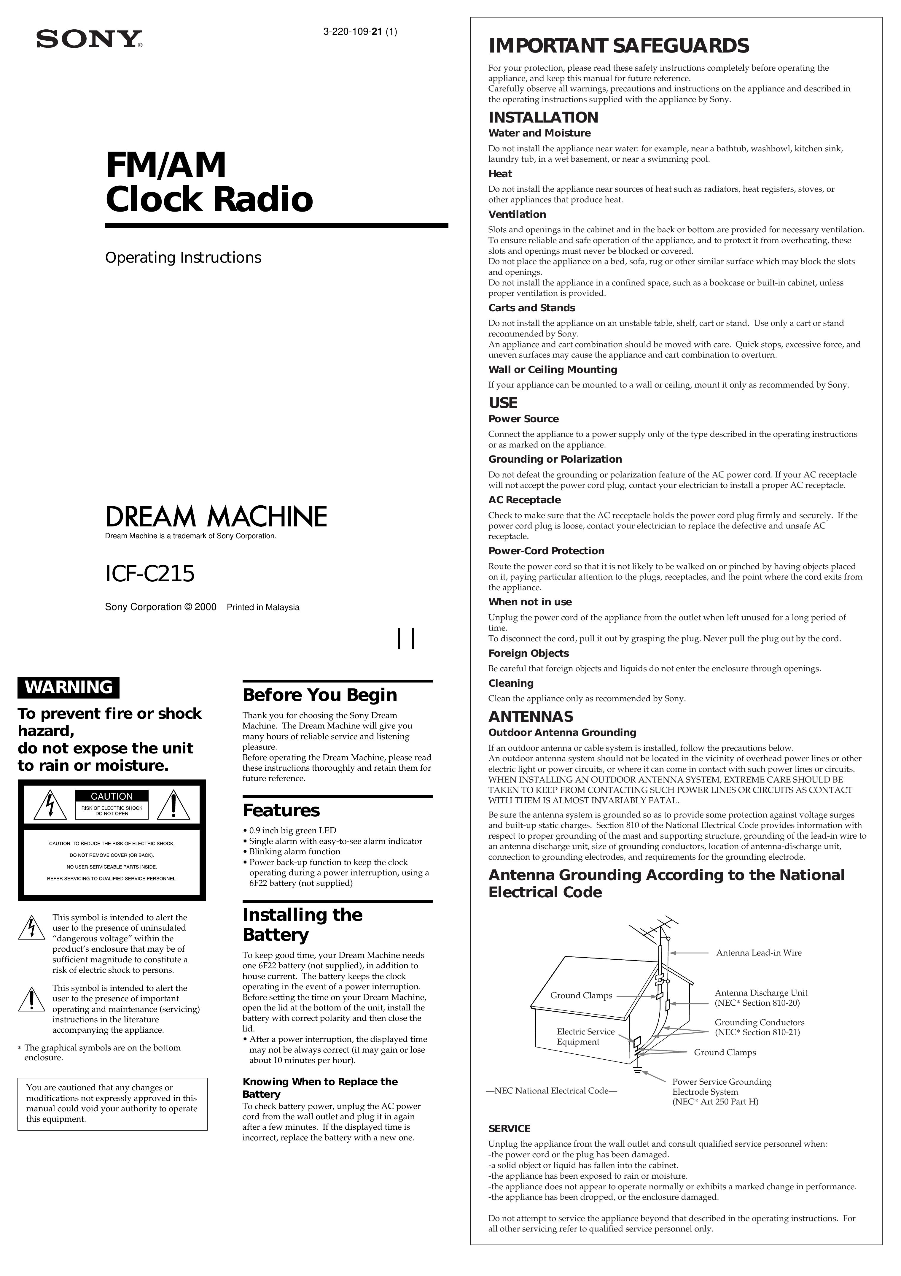 Sony ICF-C215 Clock Radio User Manual