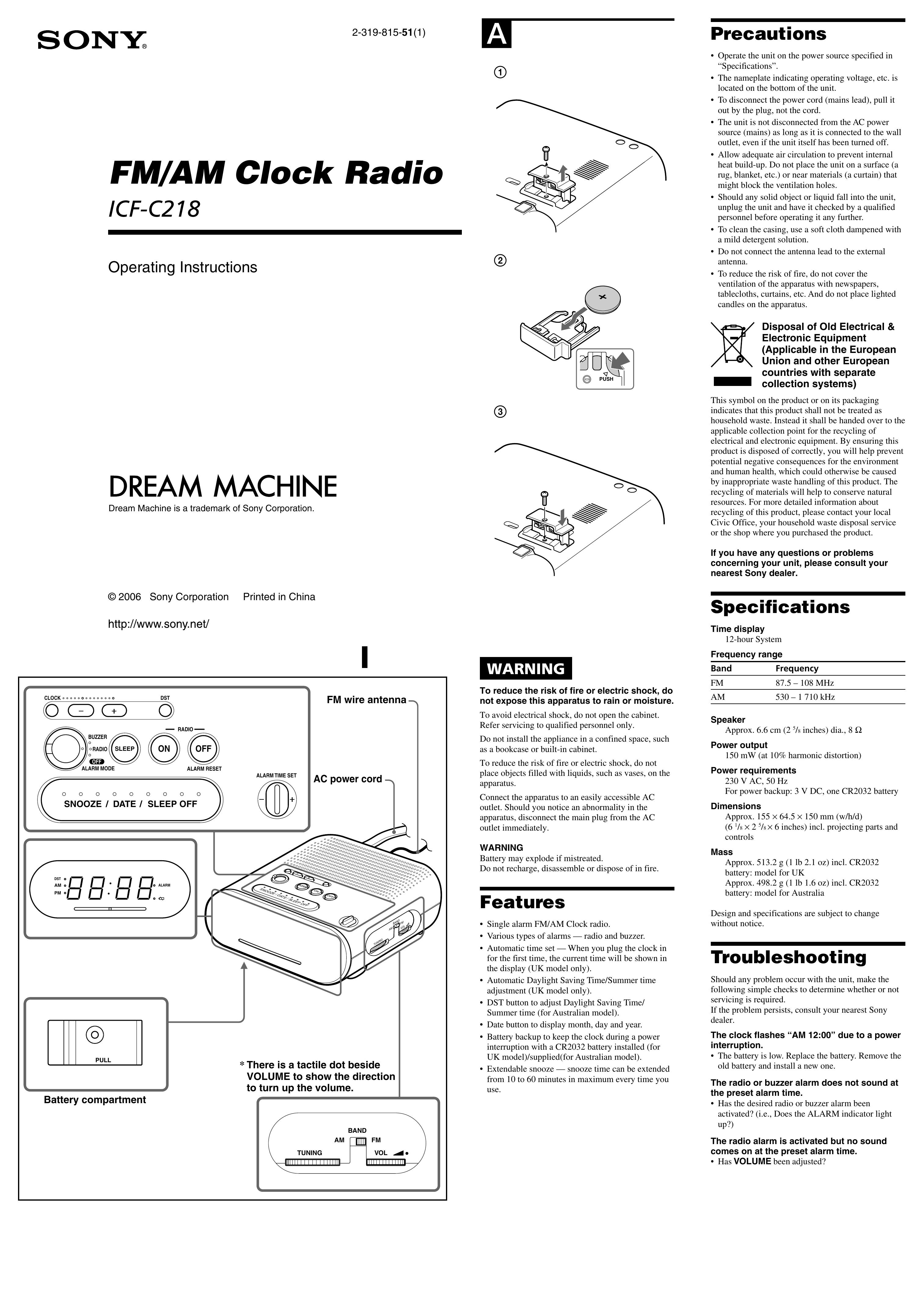 Sony ICF-C218 Clock Radio User Manual