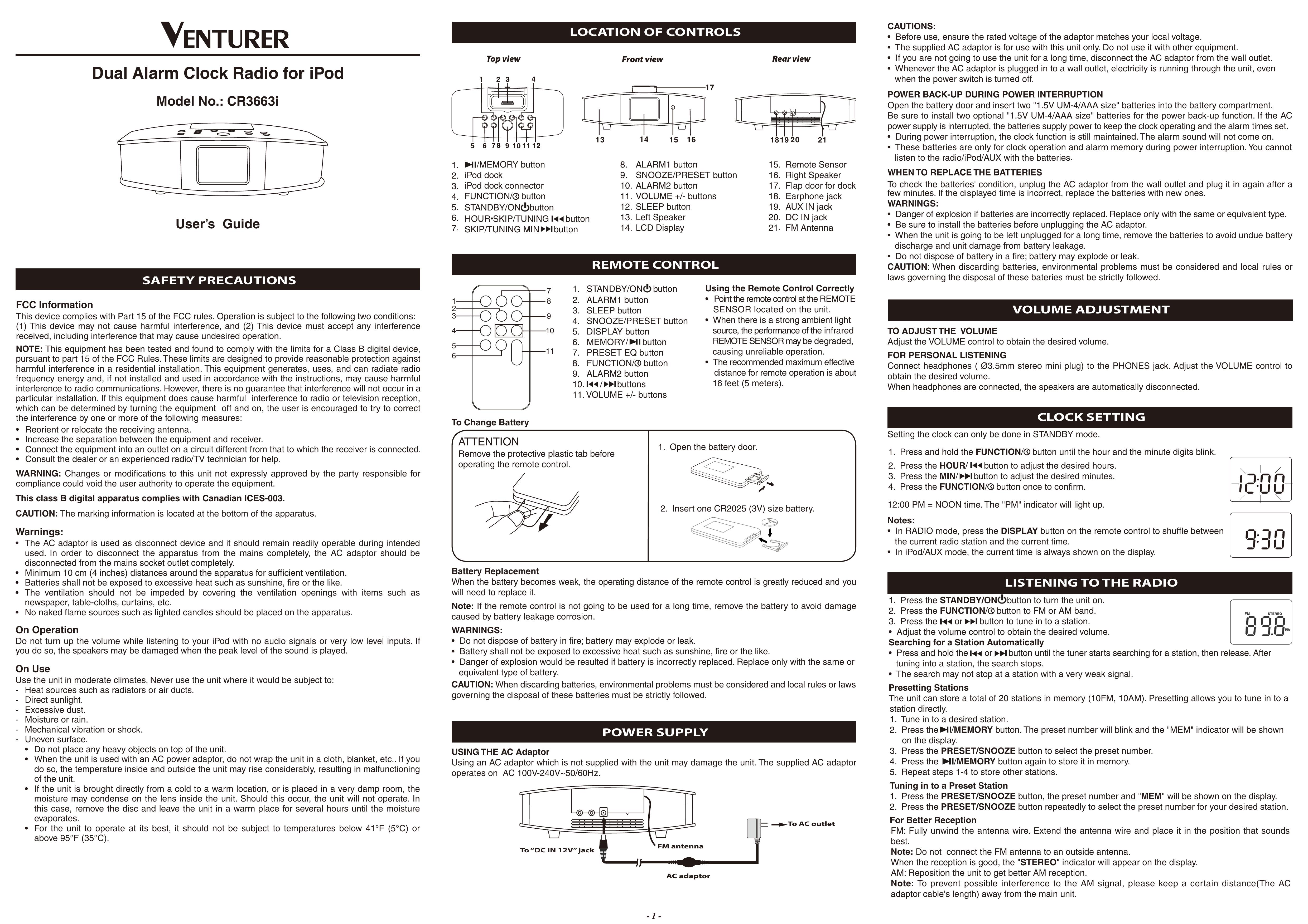 Venturer CR3663I Clock Radio User Manual