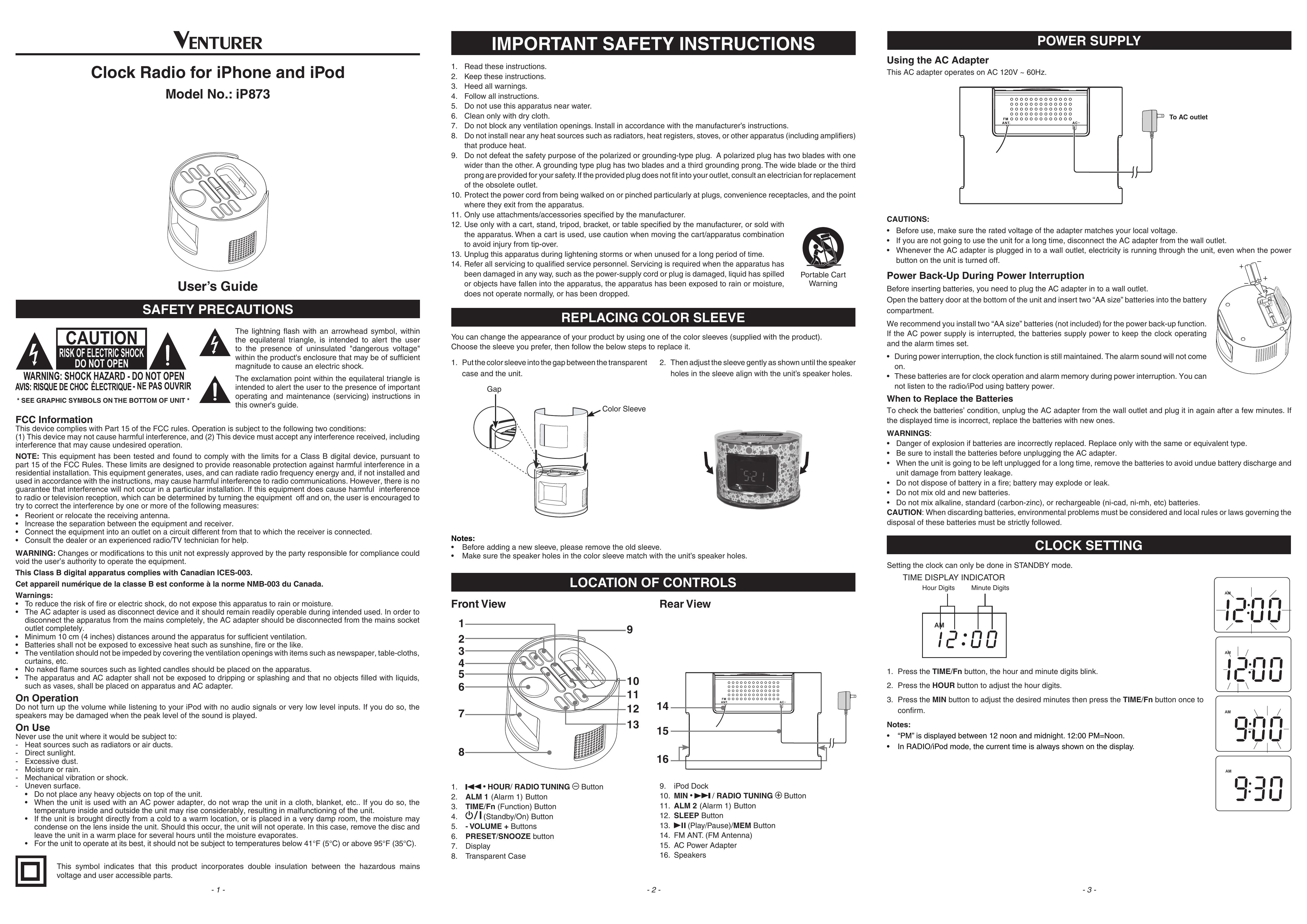 Venturer IP873 Clock Radio User Manual