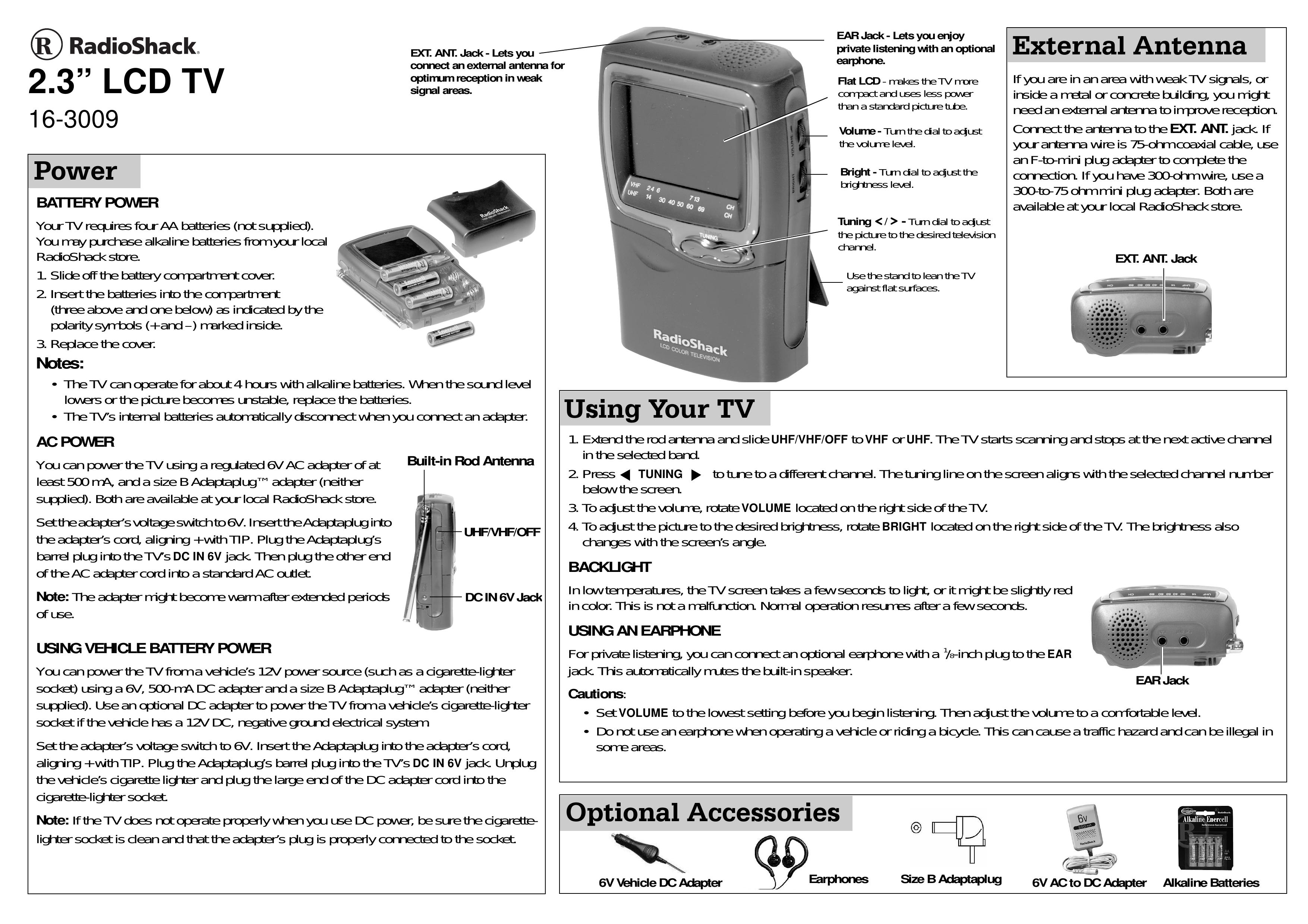 Radio Shack 16-3009 Handheld TV User Manual