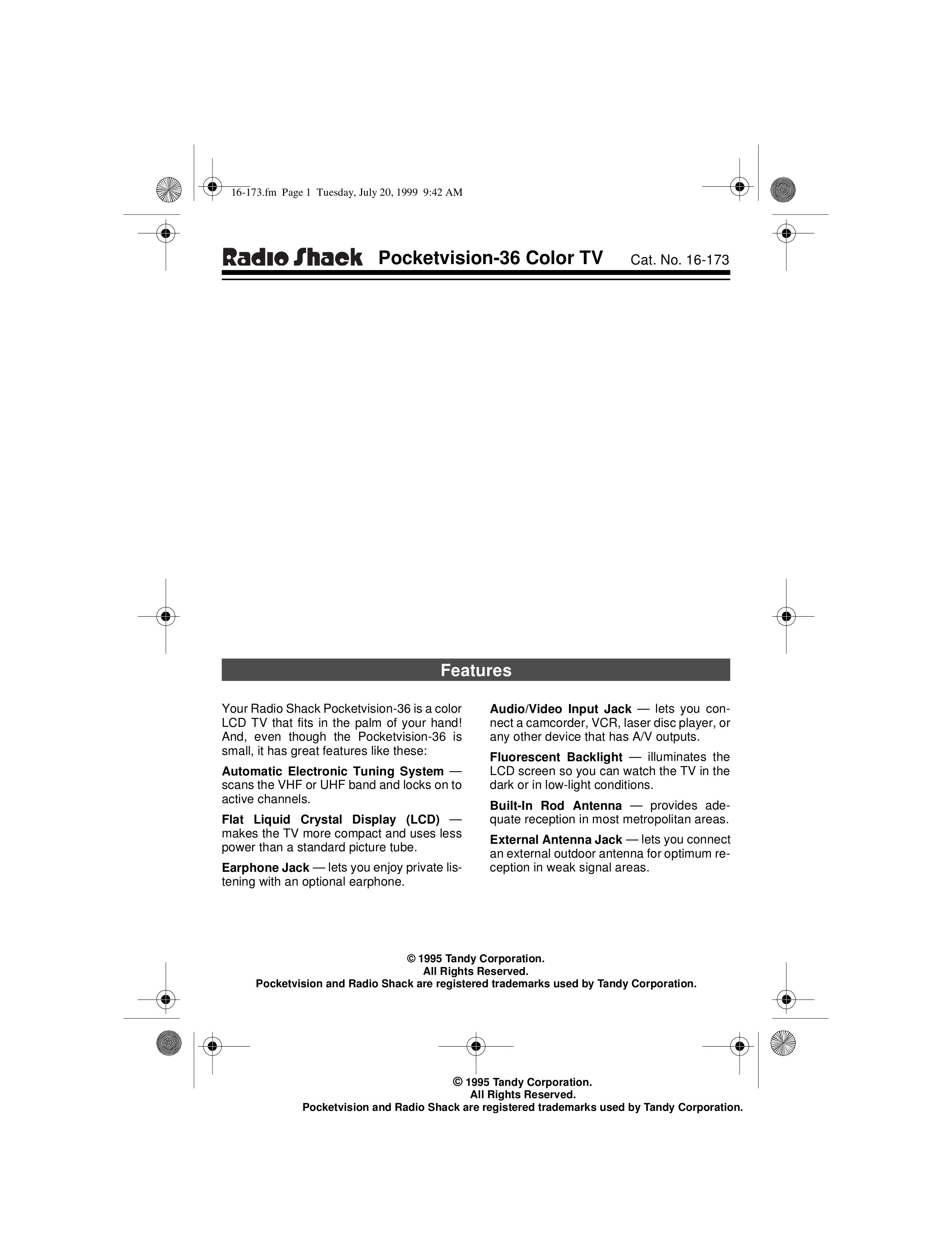 Radio Shack Pocketvision-36 Handheld TV User Manual