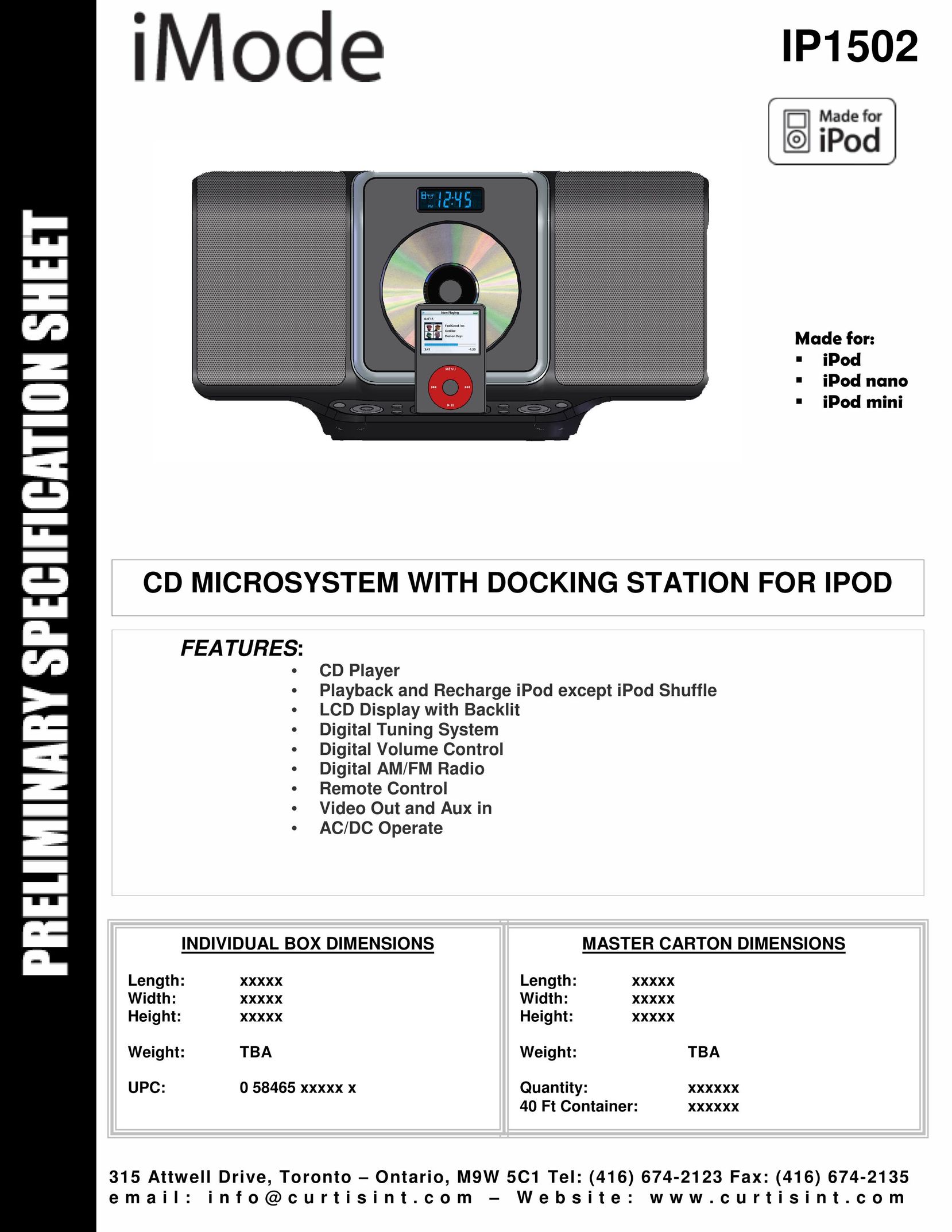 Curtis IP1502 MP3 Docking Station User Manual