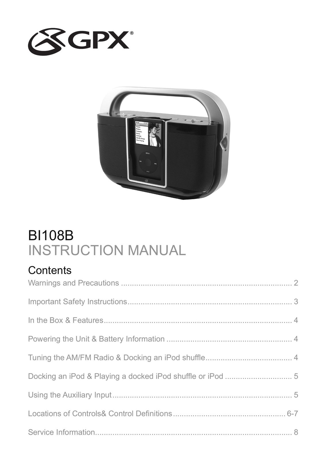 GPX BI108B MP3 Docking Station User Manual