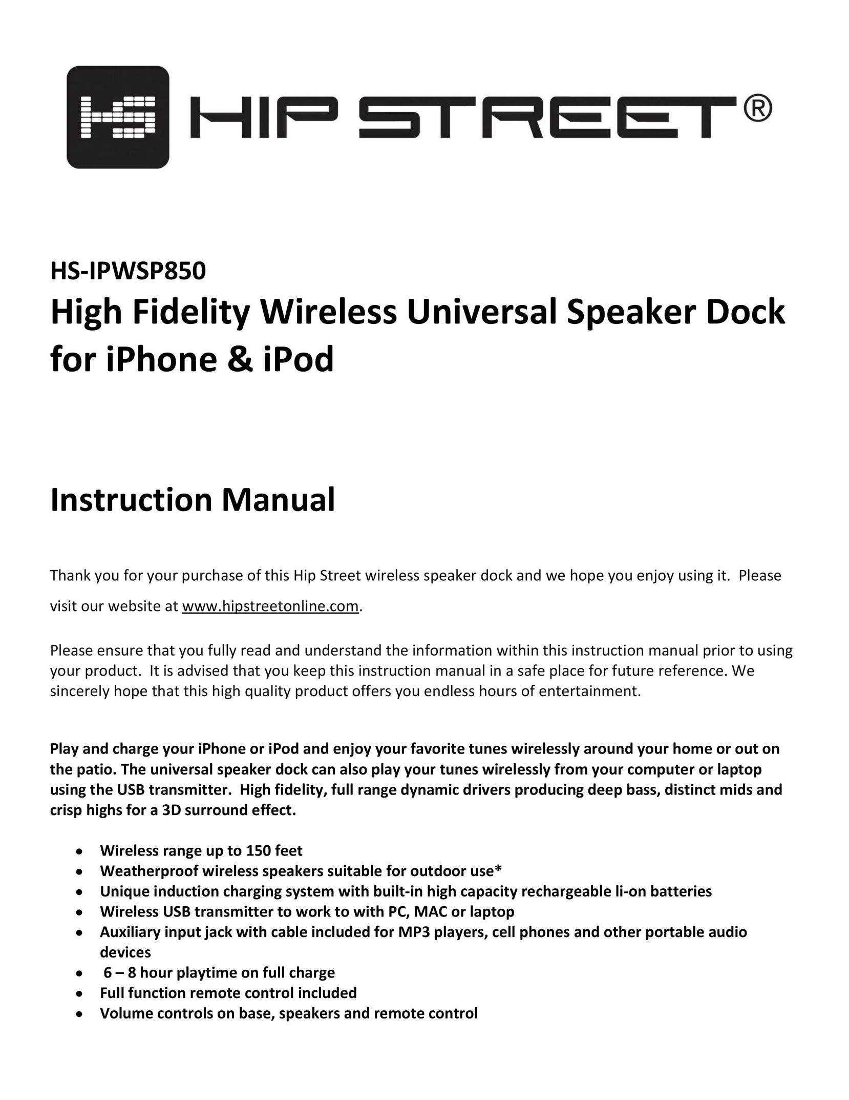 Hip Street HS-IPWSP850 MP3 Docking Station User Manual