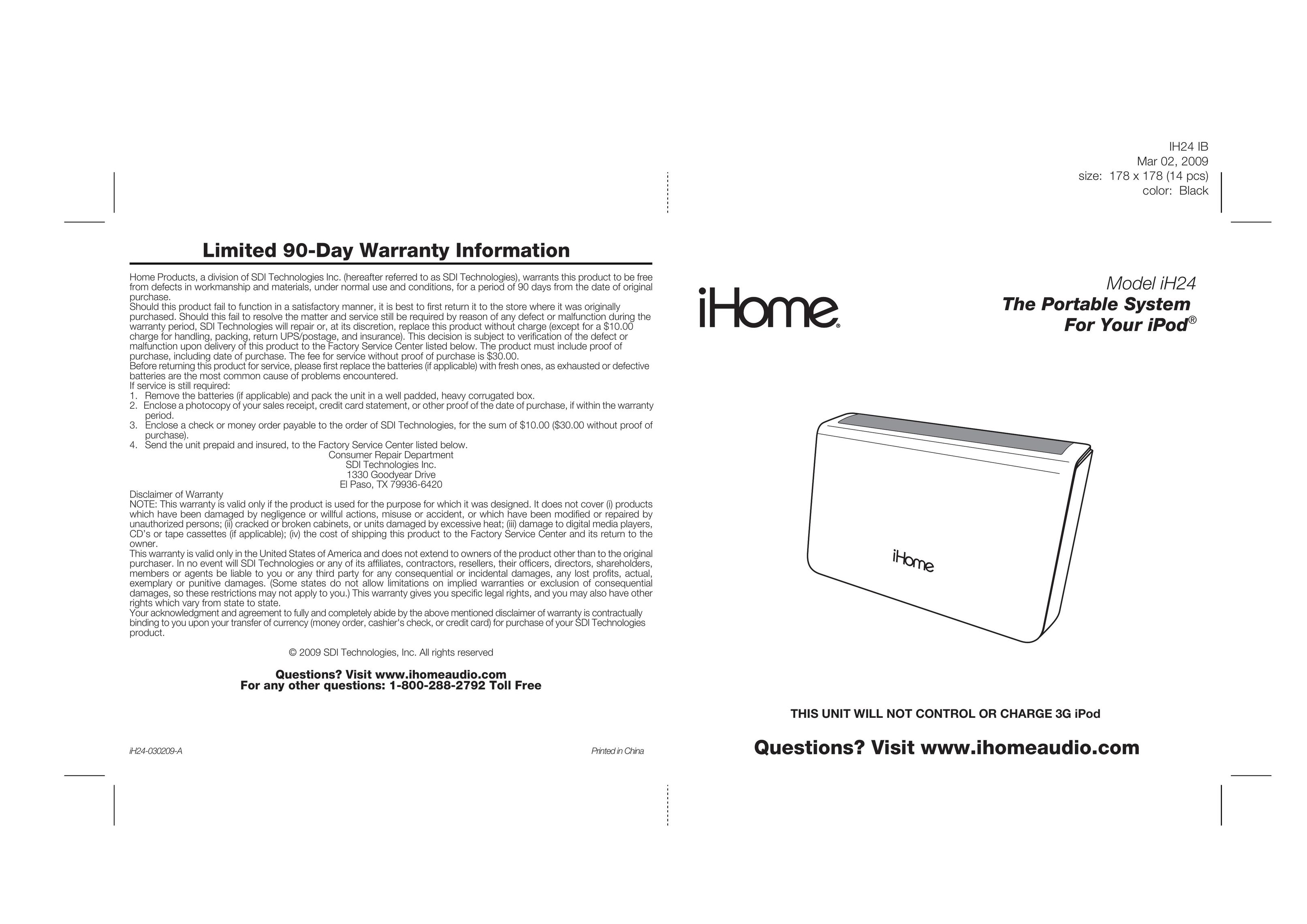 iHome IH24 IB MP3 Docking Station User Manual