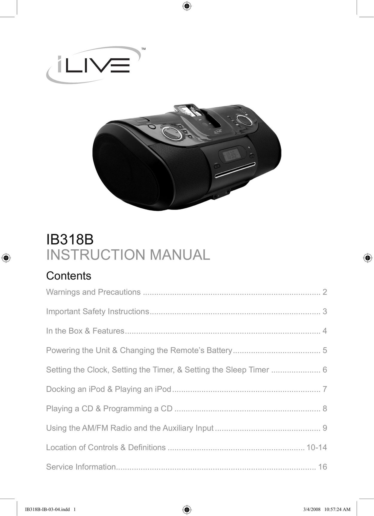 iLive IB318B MP3 Docking Station User Manual