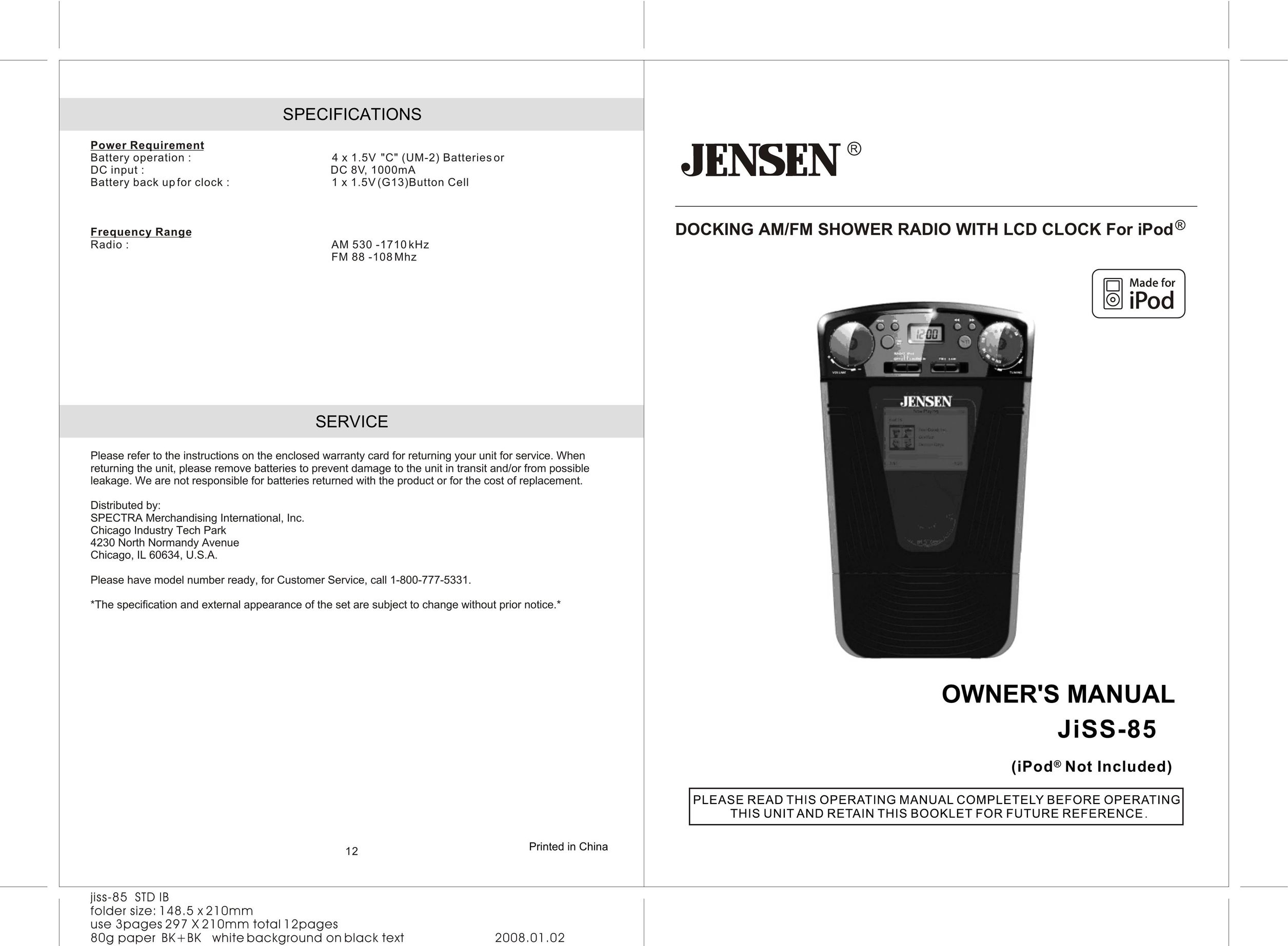 Jensen JiSS-85 MP3 Docking Station User Manual