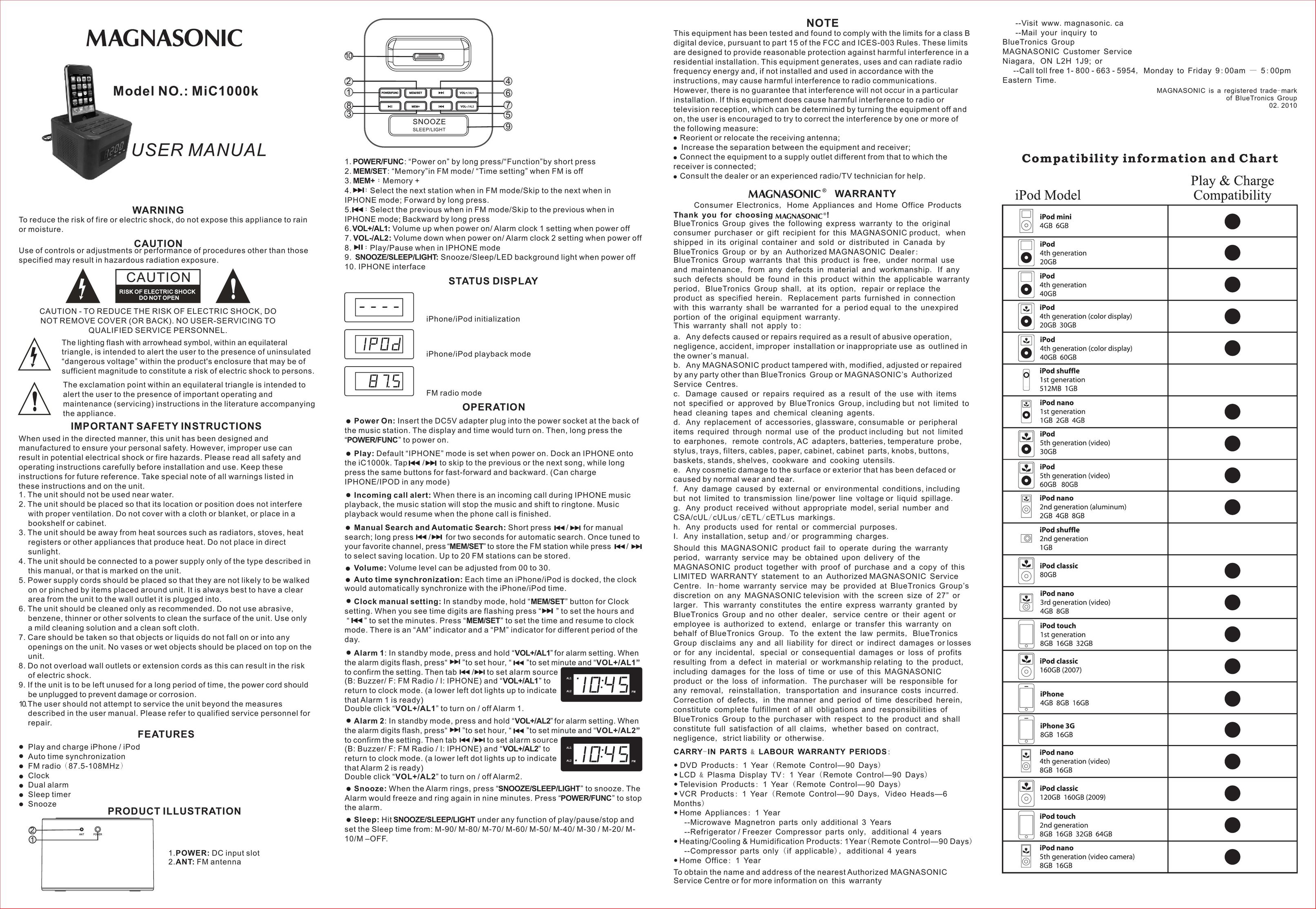 Magnasonic MiC1000k MP3 Docking Station User Manual