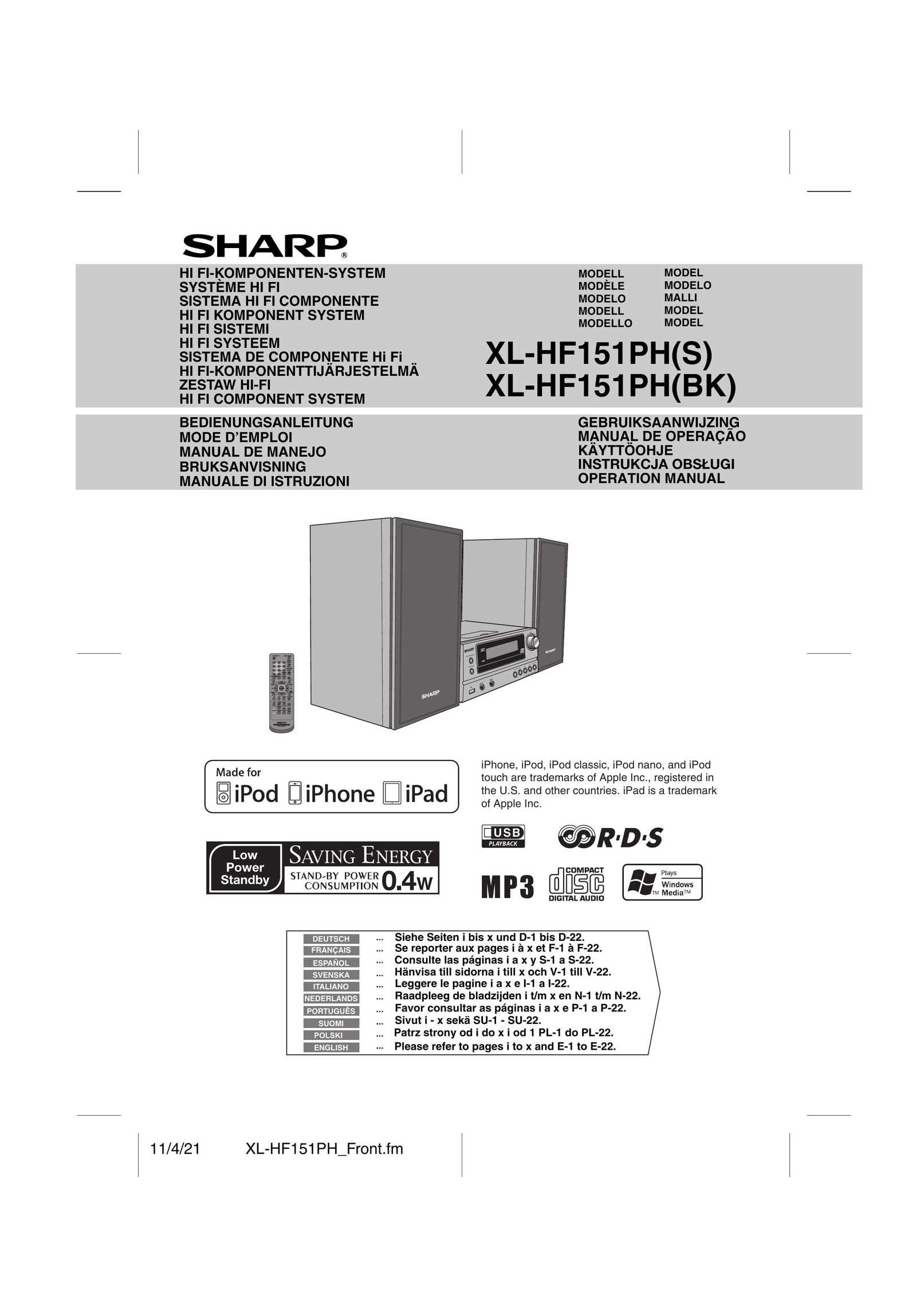 Sharp XL-HF151PH(BK) MP3 Docking Station User Manual