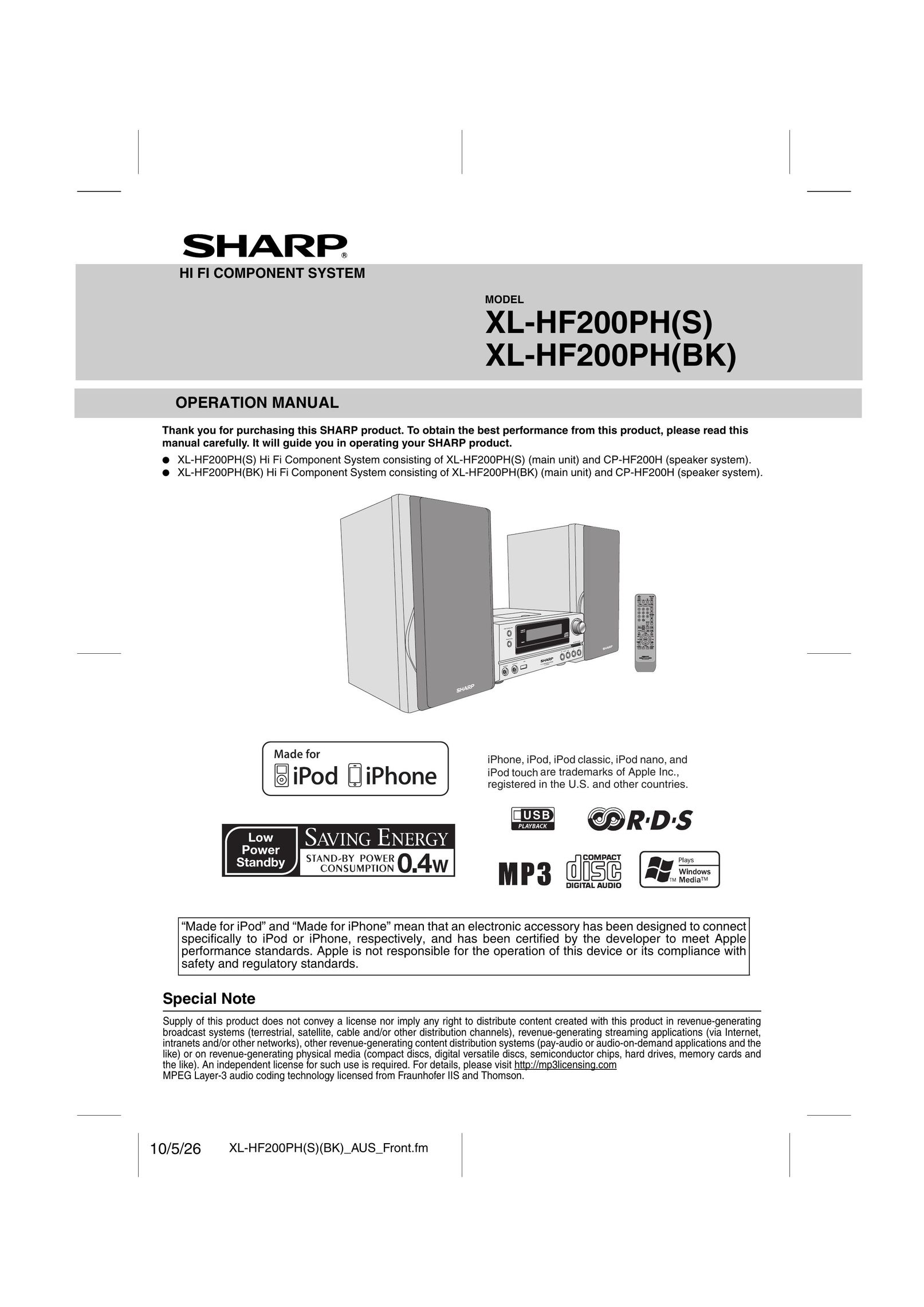 Sharp XL-HF200PH(BK) MP3 Docking Station User Manual