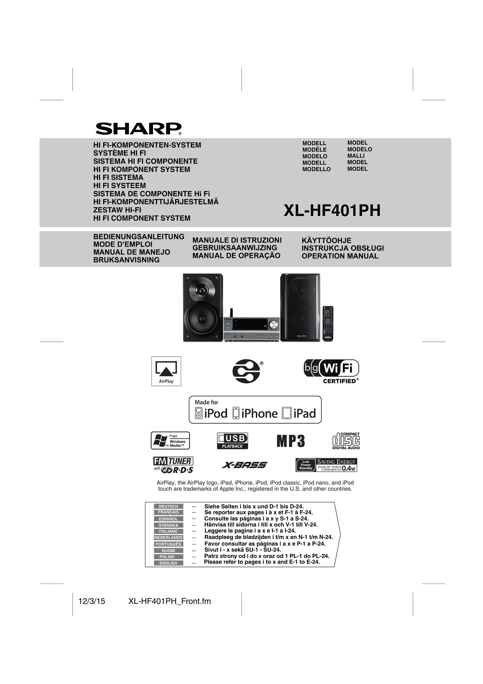 Sharp XL-HF401PH MP3 Docking Station User Manual