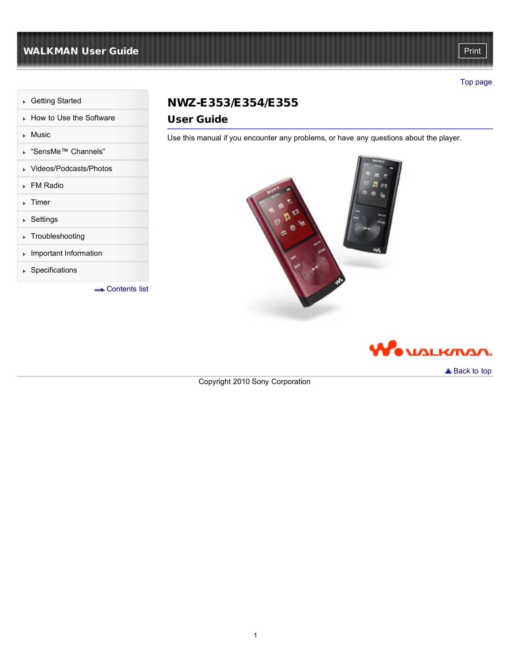 Sony NWZ-E353 MP3 Docking Station User Manual