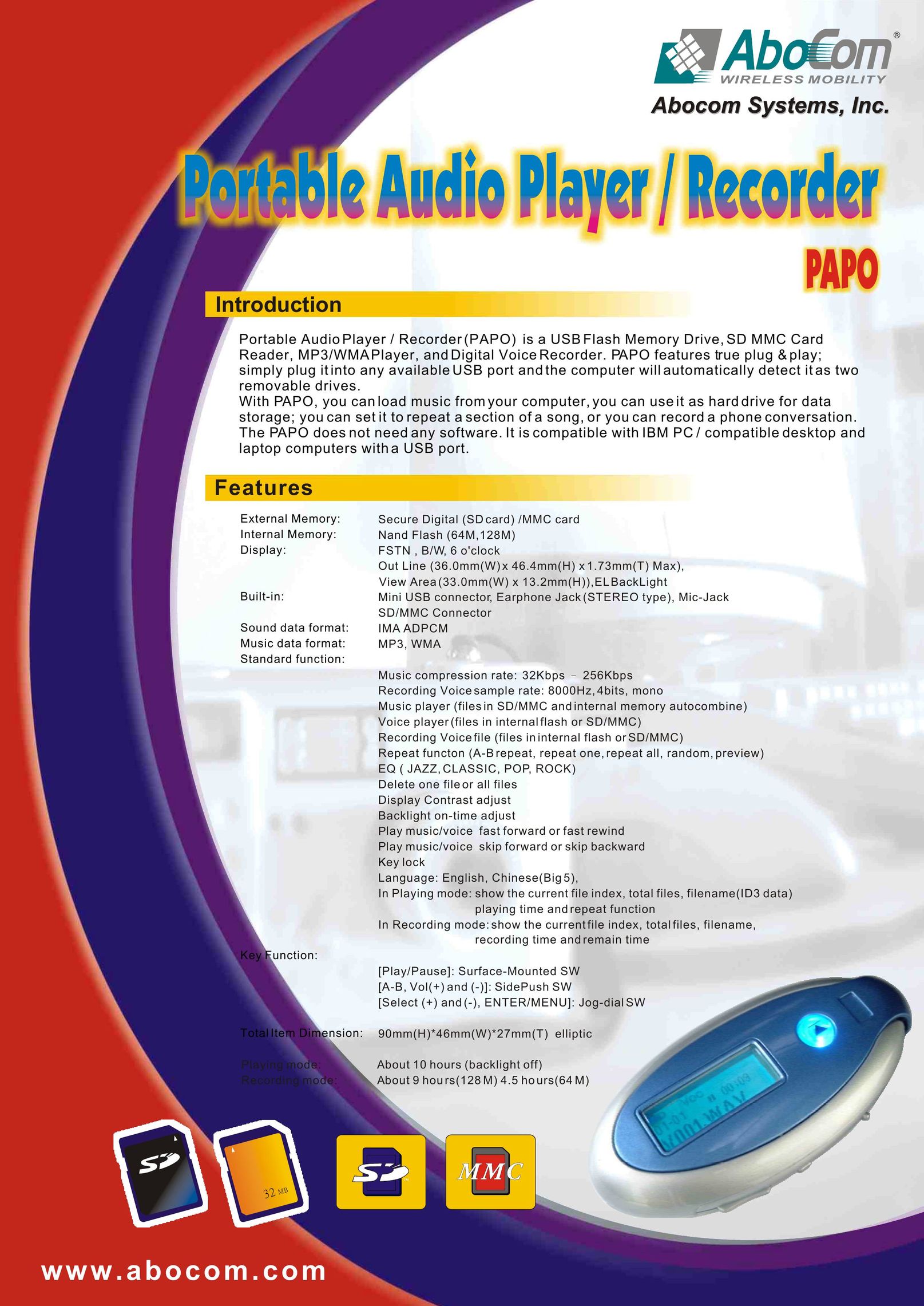 Abocom Portable Audio Player / Recorder MP3 Player User Manual