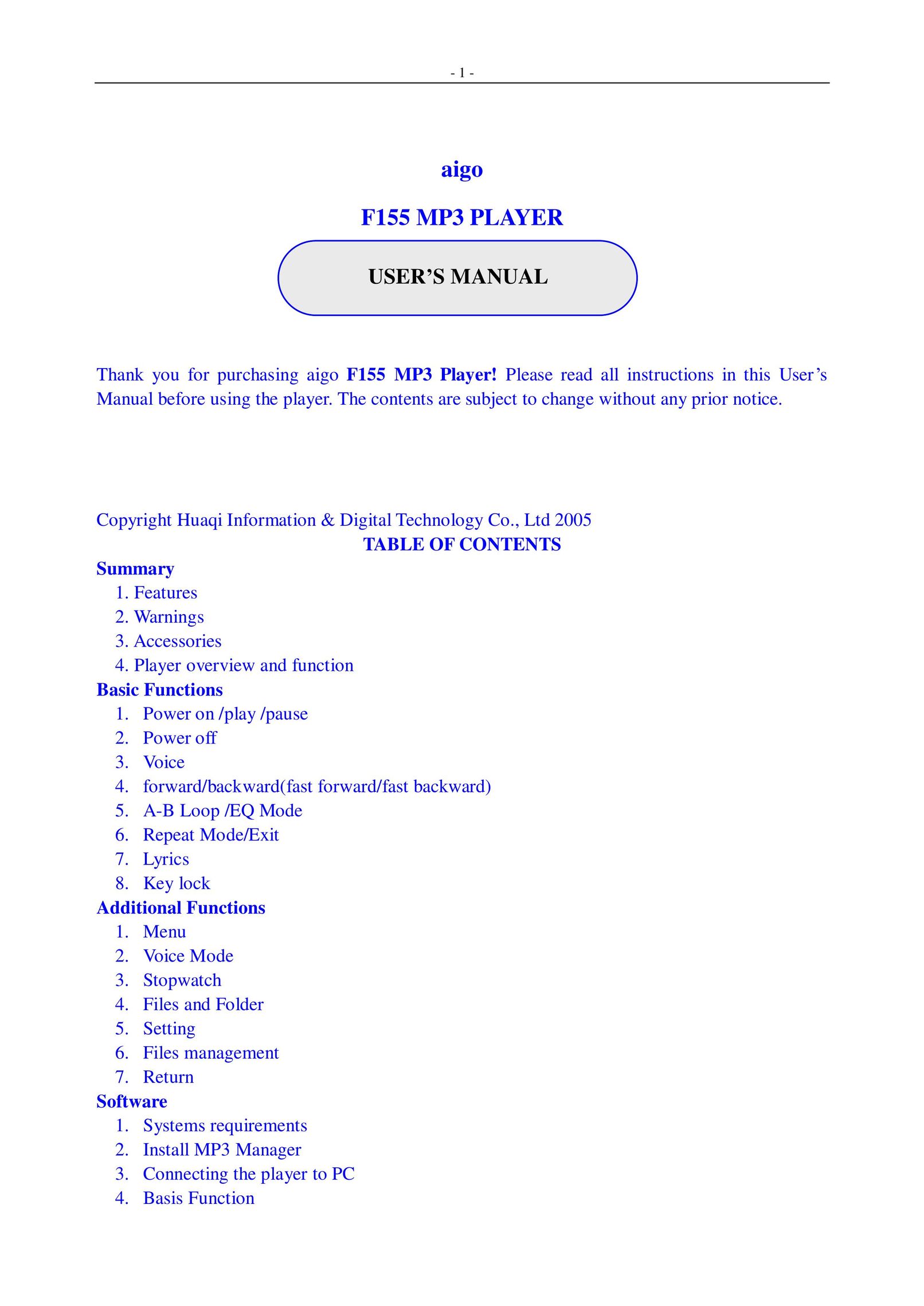 Aigo F155 MP3 Player User Manual