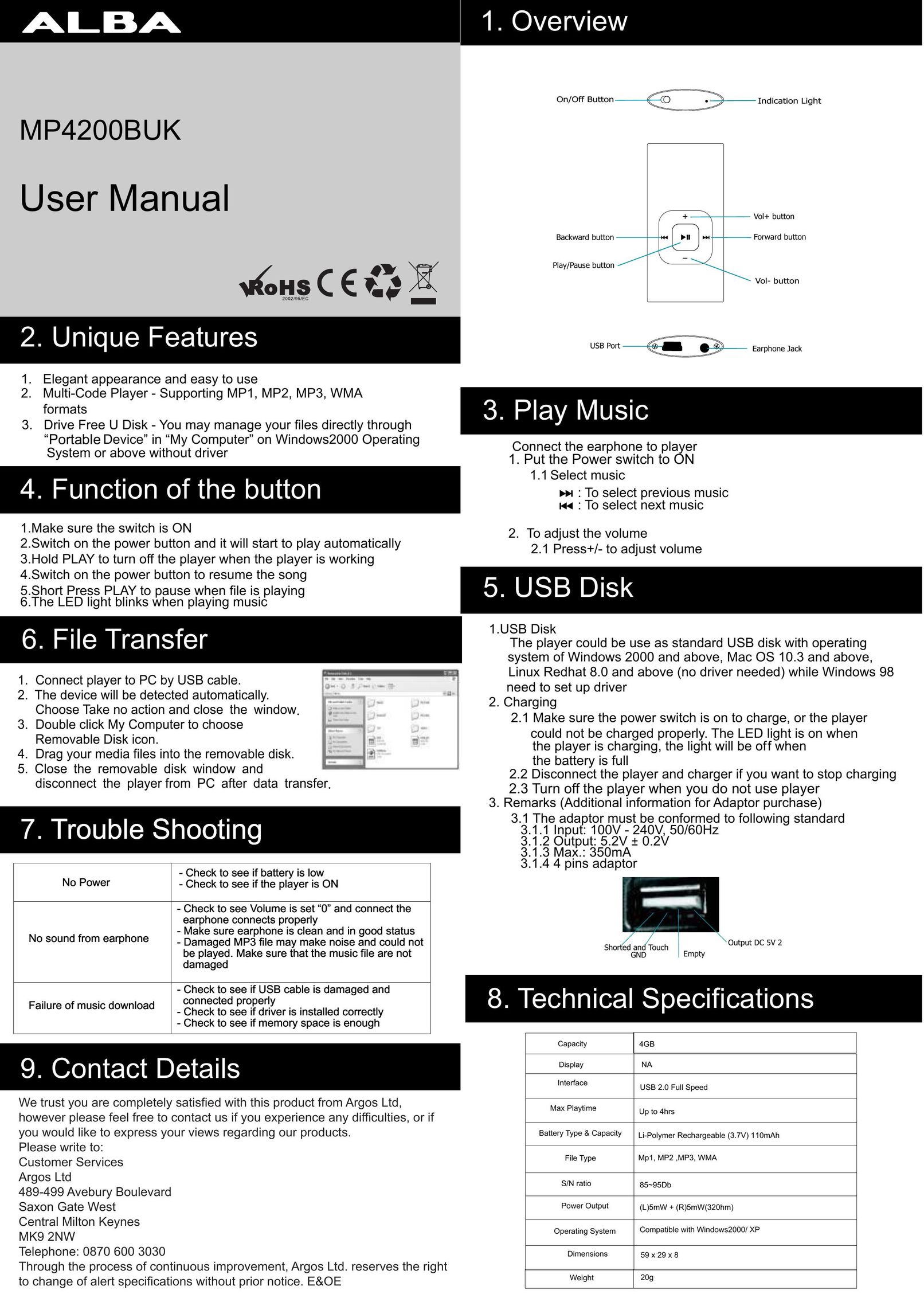 Alba MP4200BUK MP3 Player User Manual