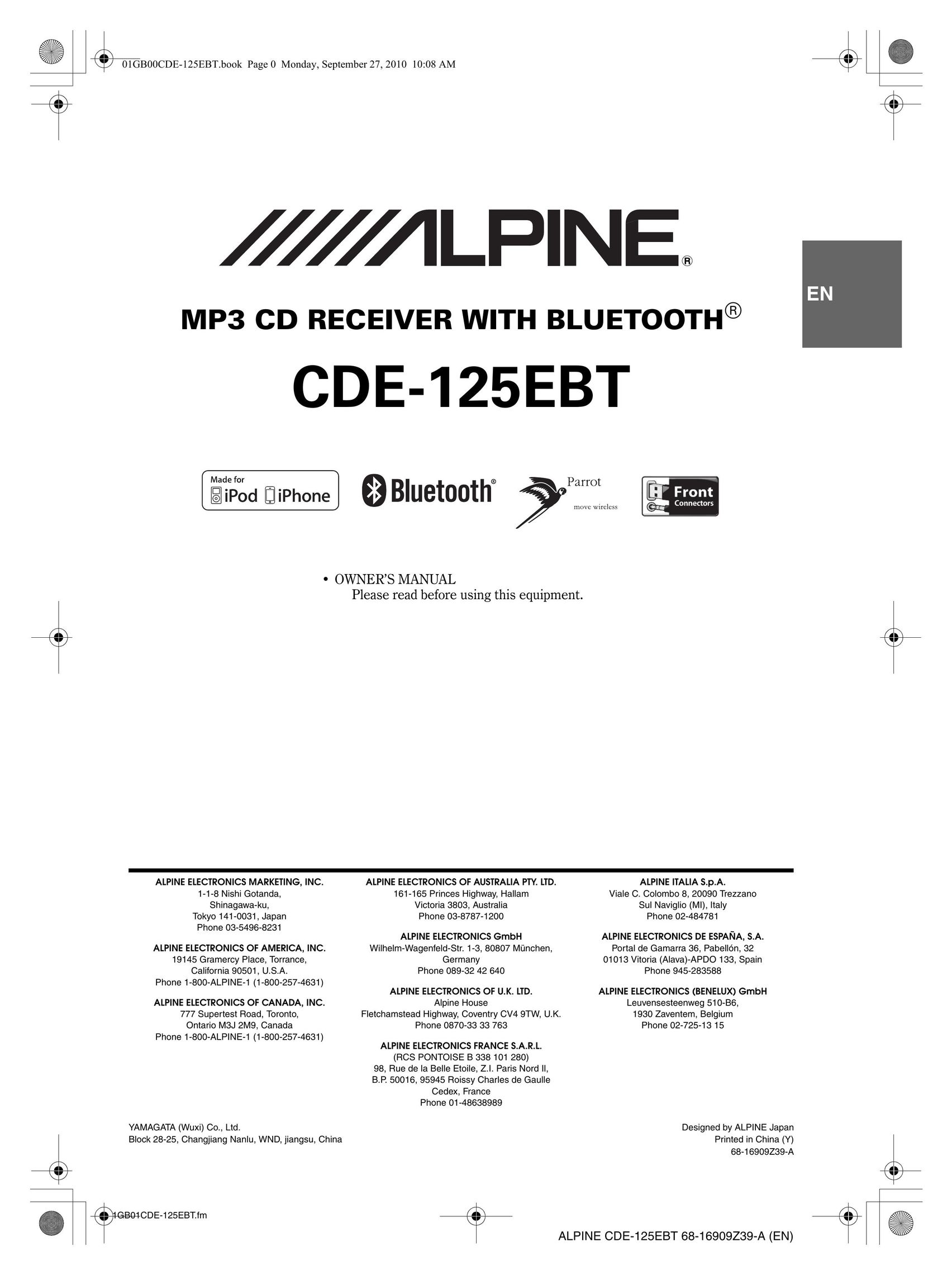 Alpine CDE-125EBT MP3 Player User Manual