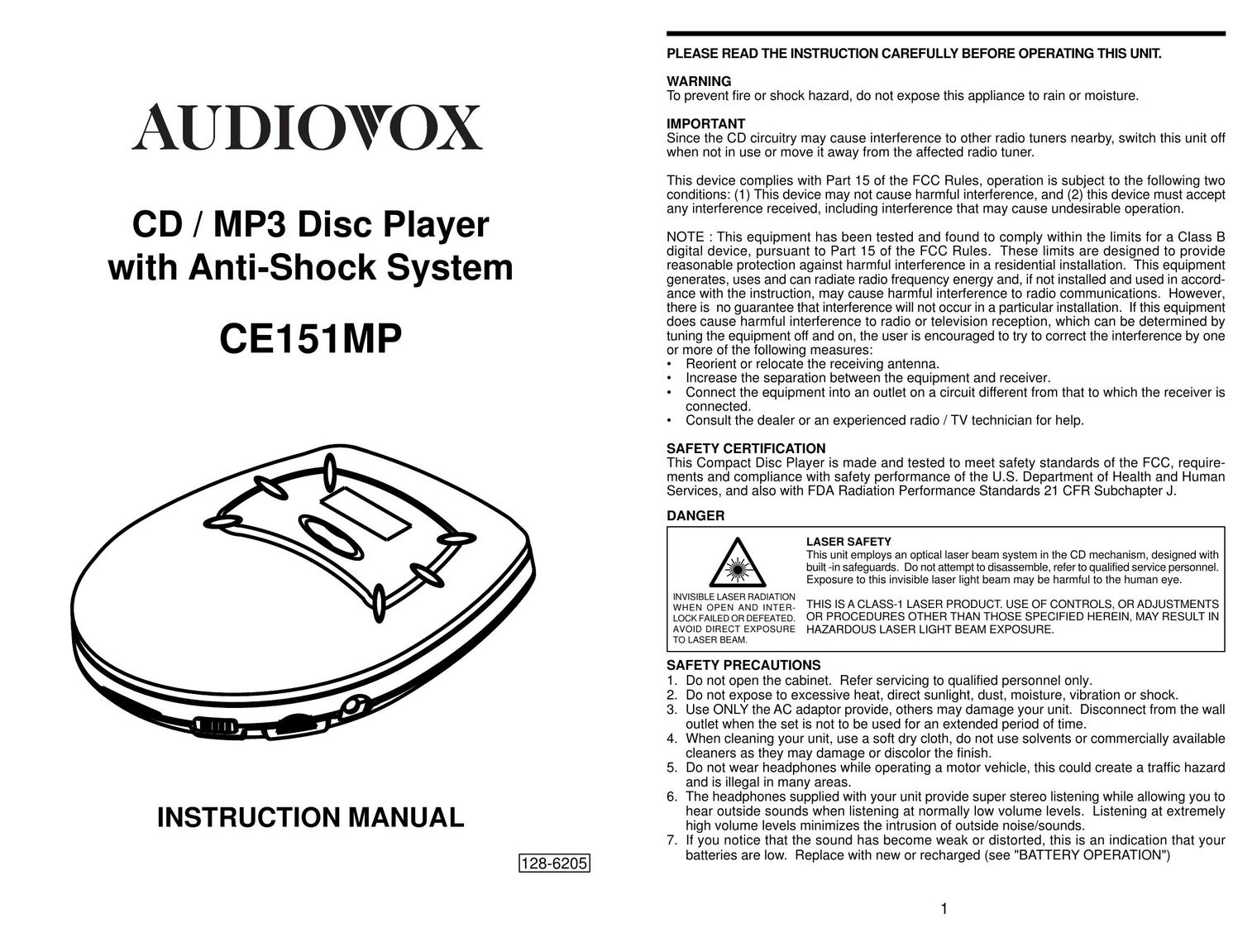 Audiovox CE151MP MP3 Player User Manual