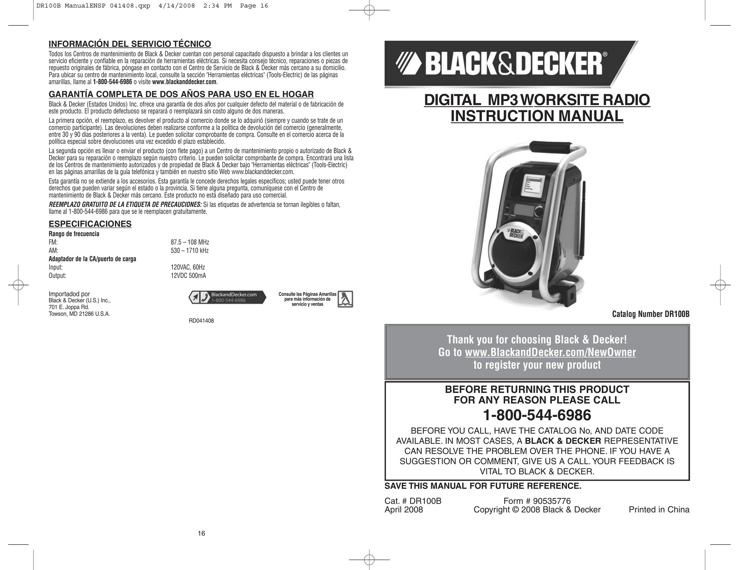 Black & Decker 90535776 MP3 Player User Manual