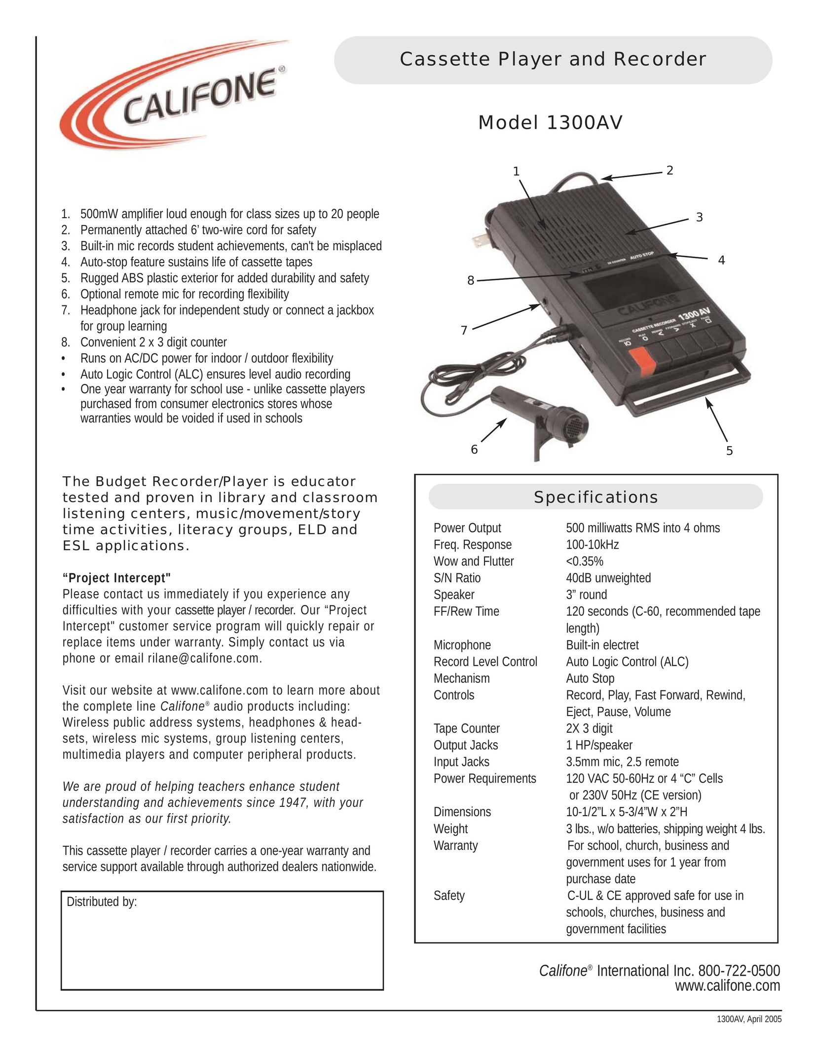 Califone 1300AV MP3 Player User Manual