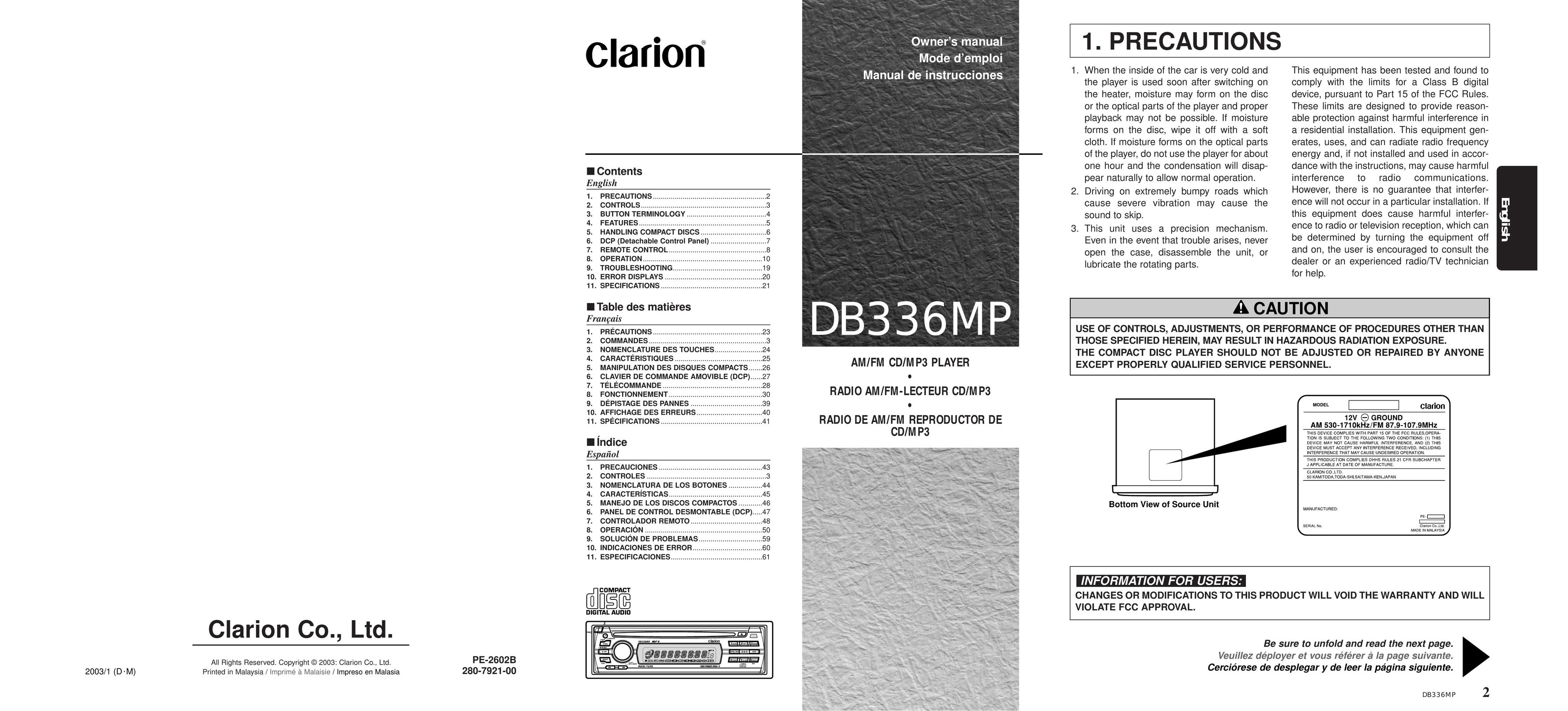 Clarion DB336MP MP3 Player User Manual