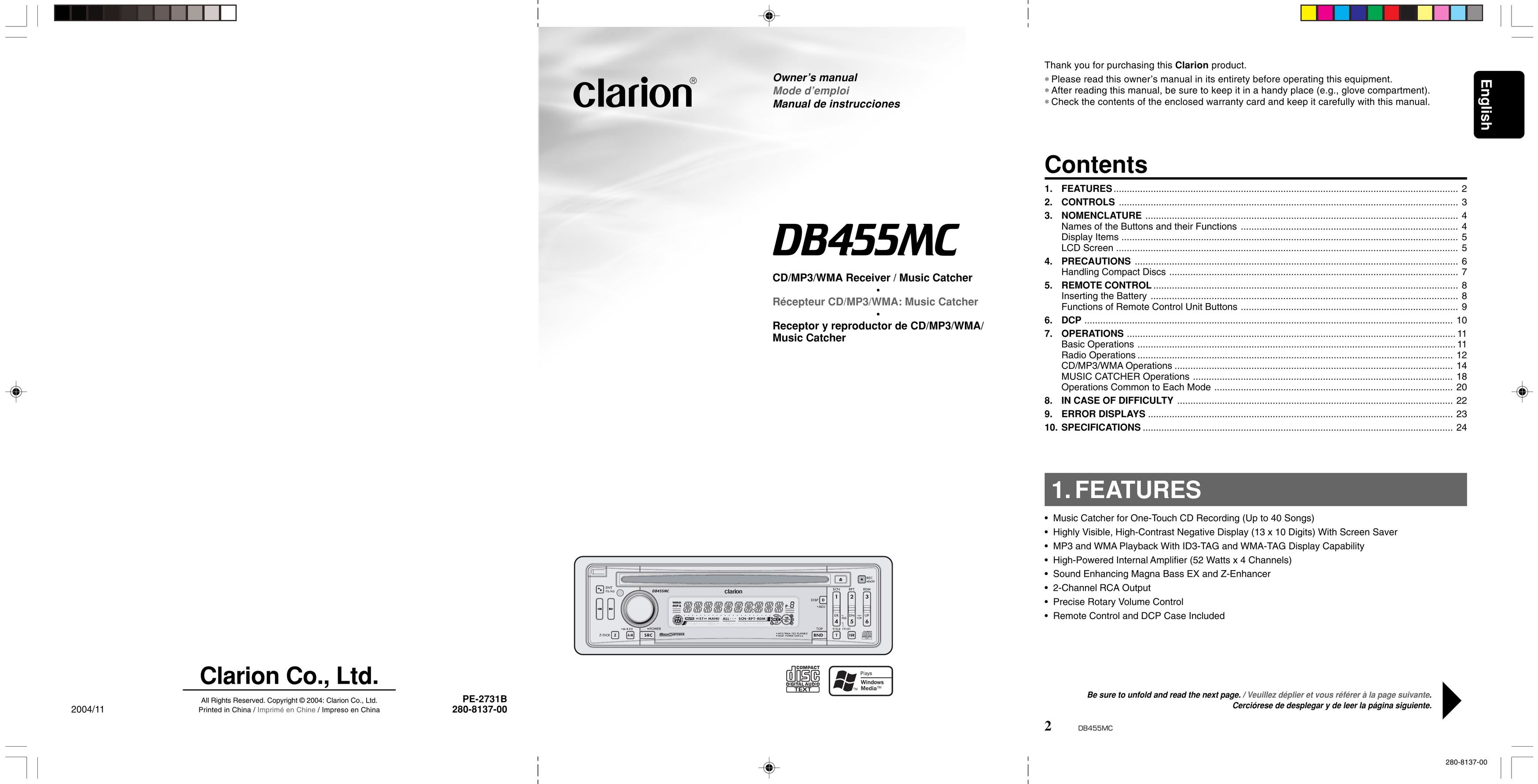 Clarion DB455MC MP3 Player User Manual