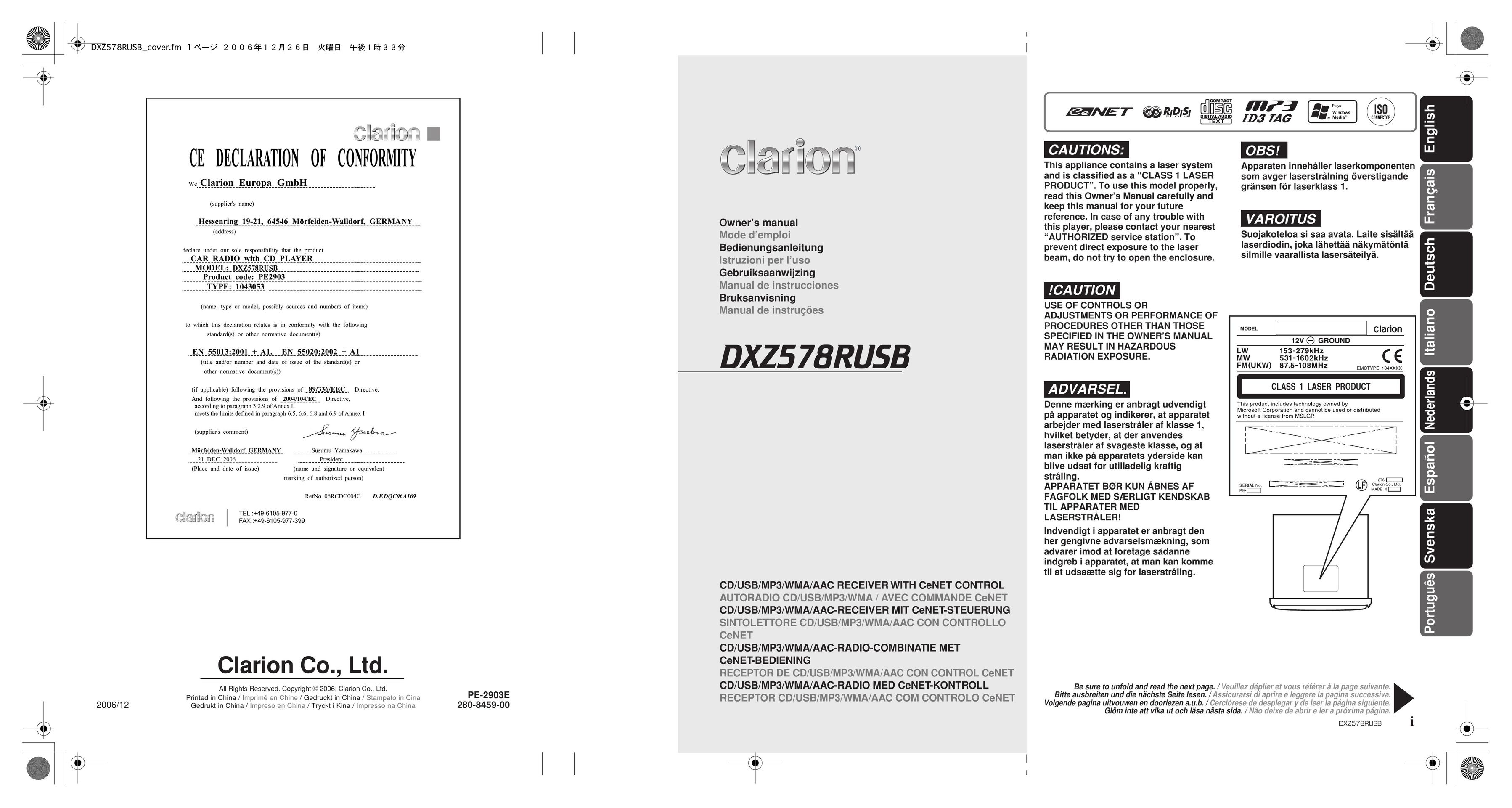 Clarion DXZ578RUSB MP3 Player User Manual