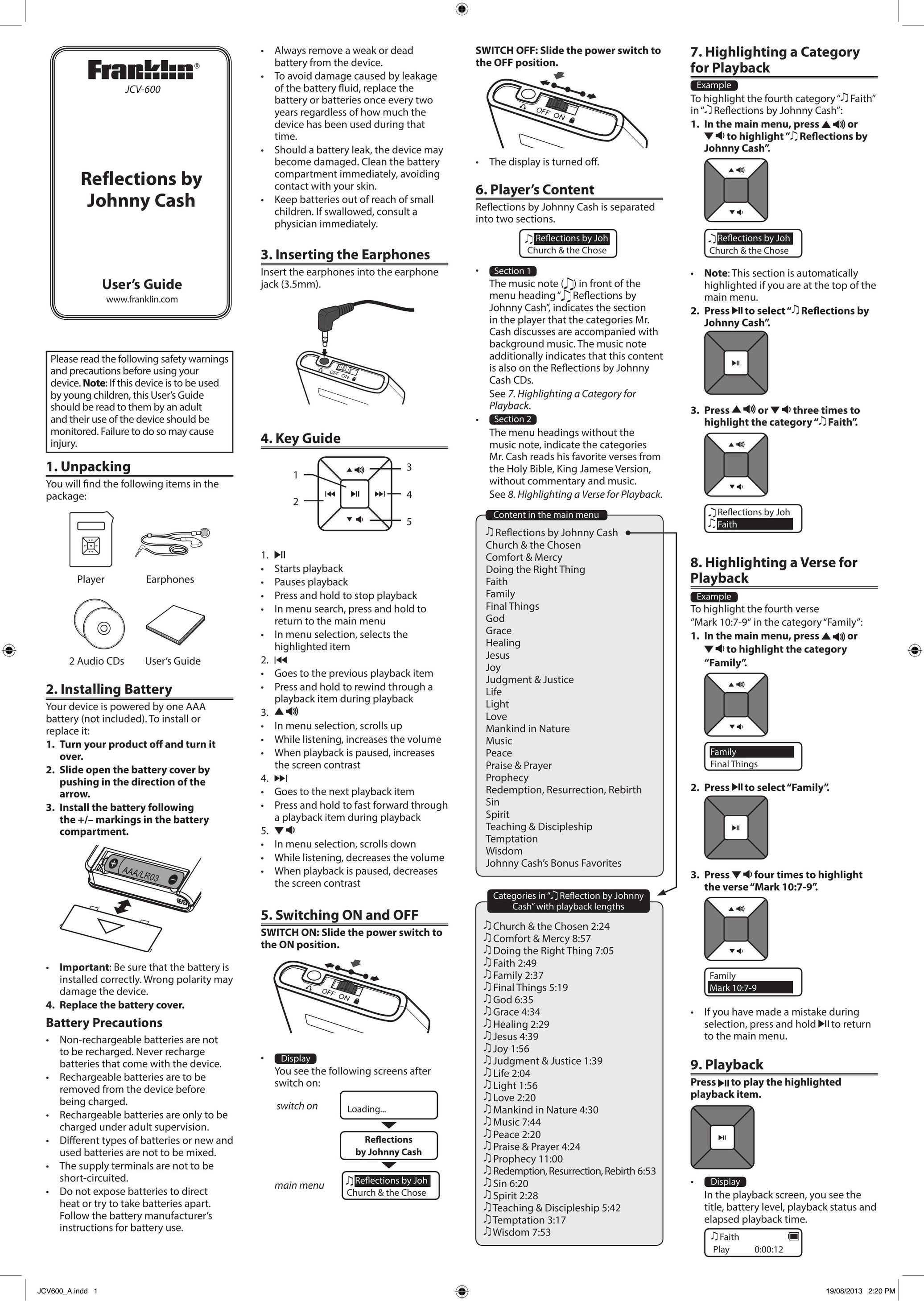 Franklin JCV-600 MP3 Player User Manual