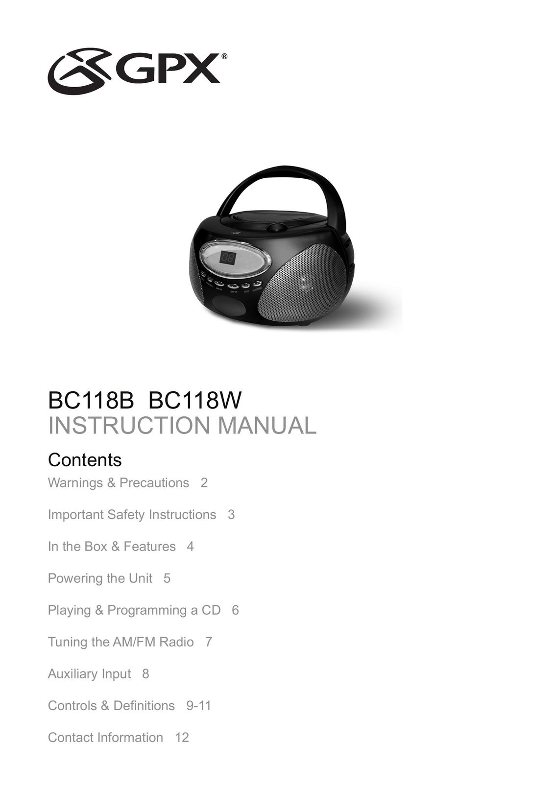 GPX BC118B MP3 Player User Manual