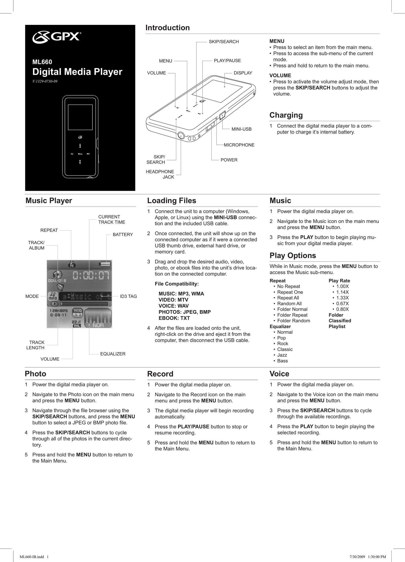 GPX ML660 MP3 Player User Manual