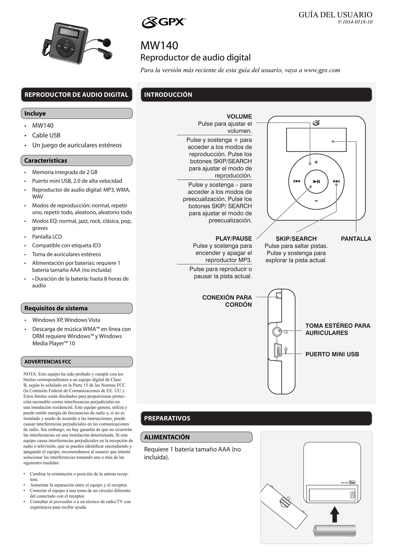 GPX MW140 MP3 Player User Manual