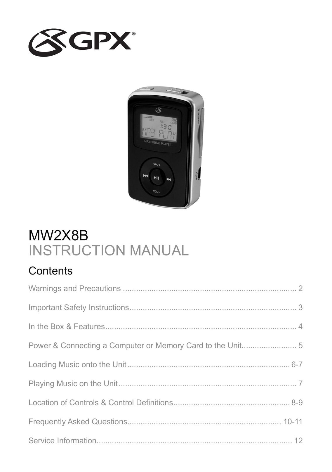 GPX MW2X8B MP3 Player User Manual