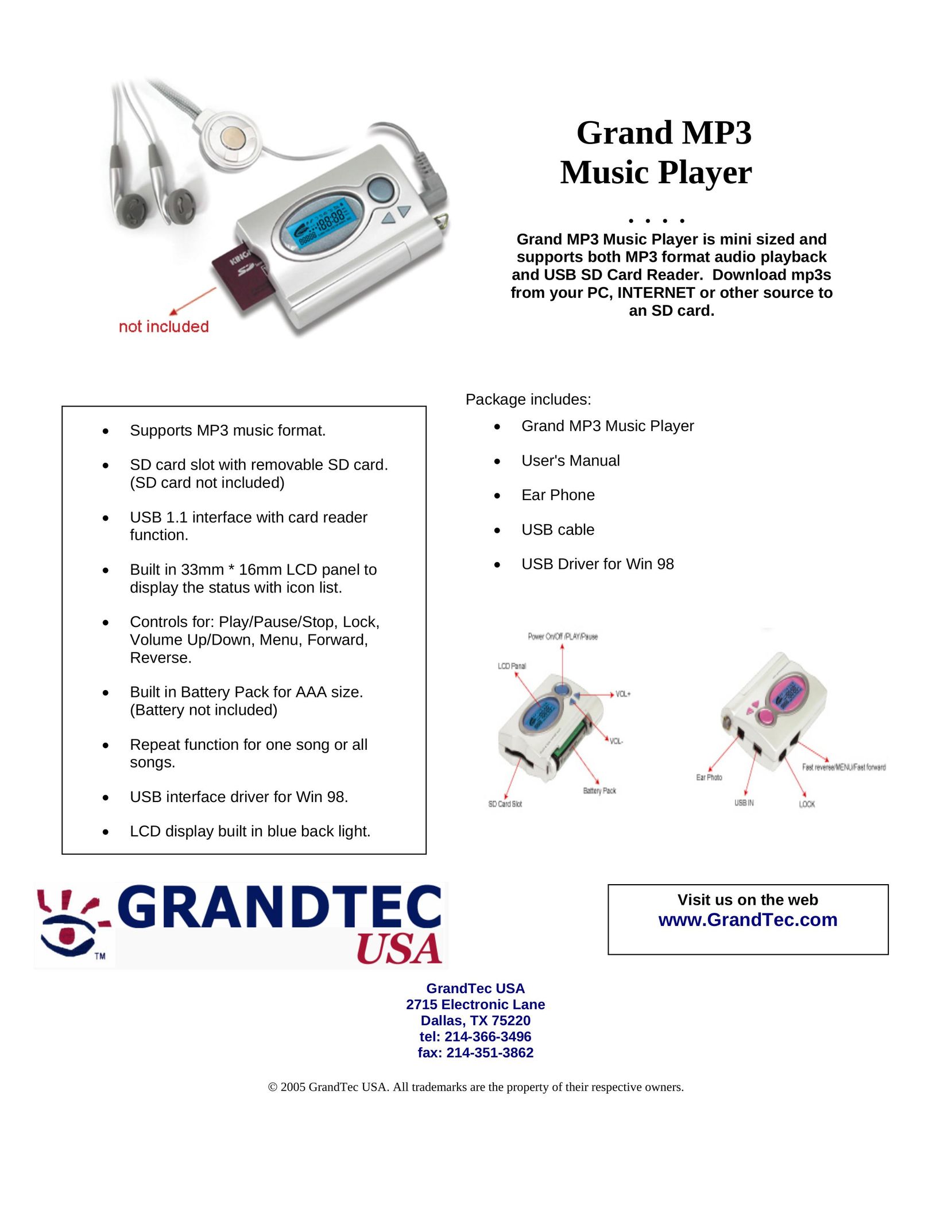 GrandTec Grand MP3 Music Player MP3 Player User Manual